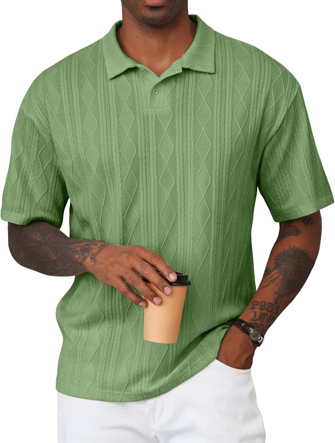 Mens Polo Shirt Textured Knit Button Casual Short Sleeve Summer Vacation Beach Stretchy Golf Shirts