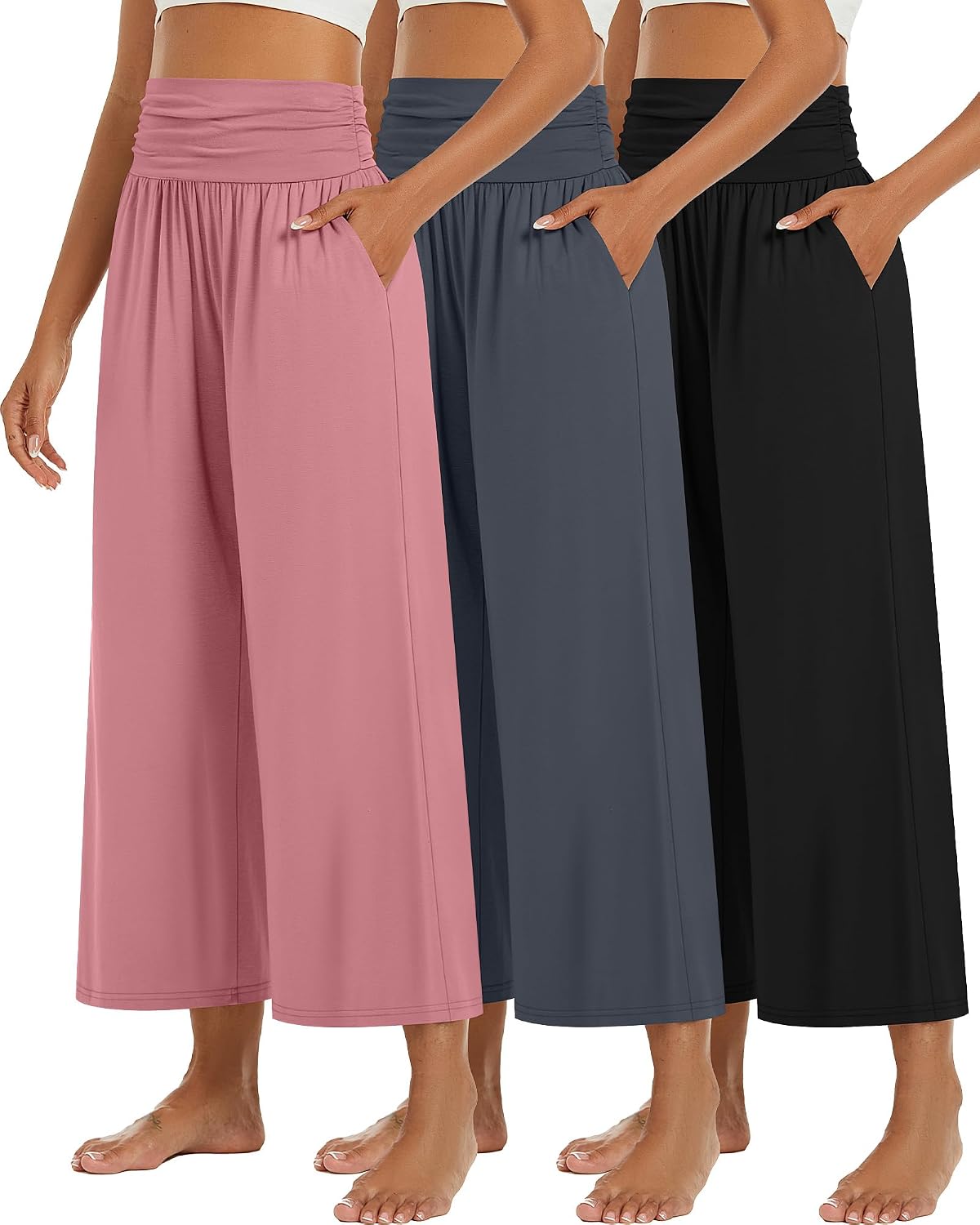 3 Pack Wide Leg Capri Pants for Women Summer Gaucho Pants Cropped Palazzo High Waist Lounge Yoga Trouser with Pockets