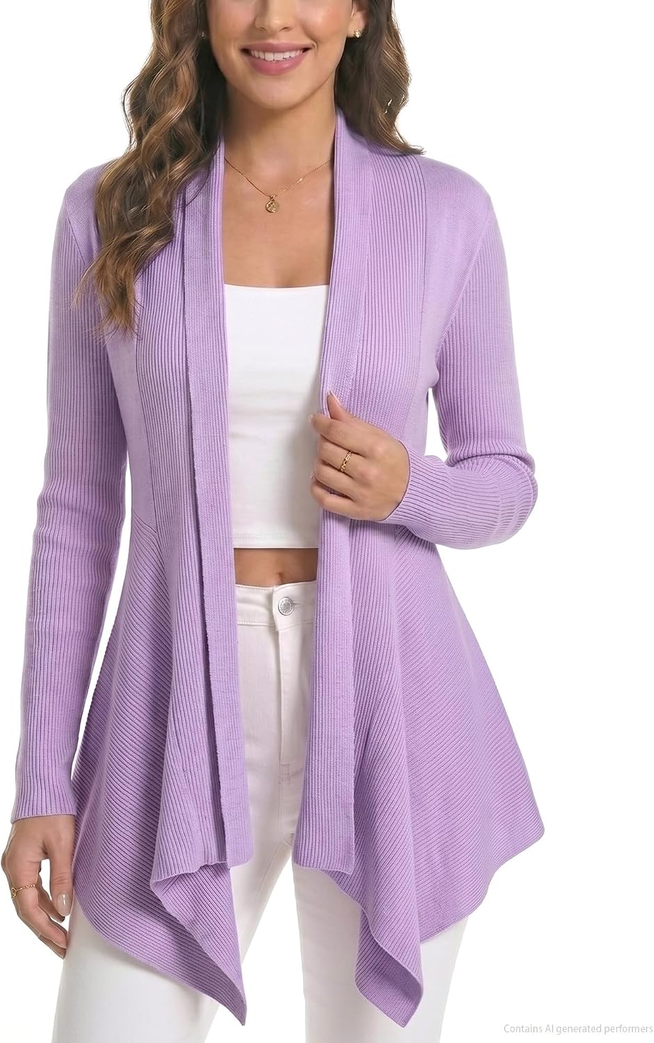 Women Open Front Draped Cardigan, Ribbed Knit Long Sleeve Asymmetrical Hem for Dresses Business Casual Layering