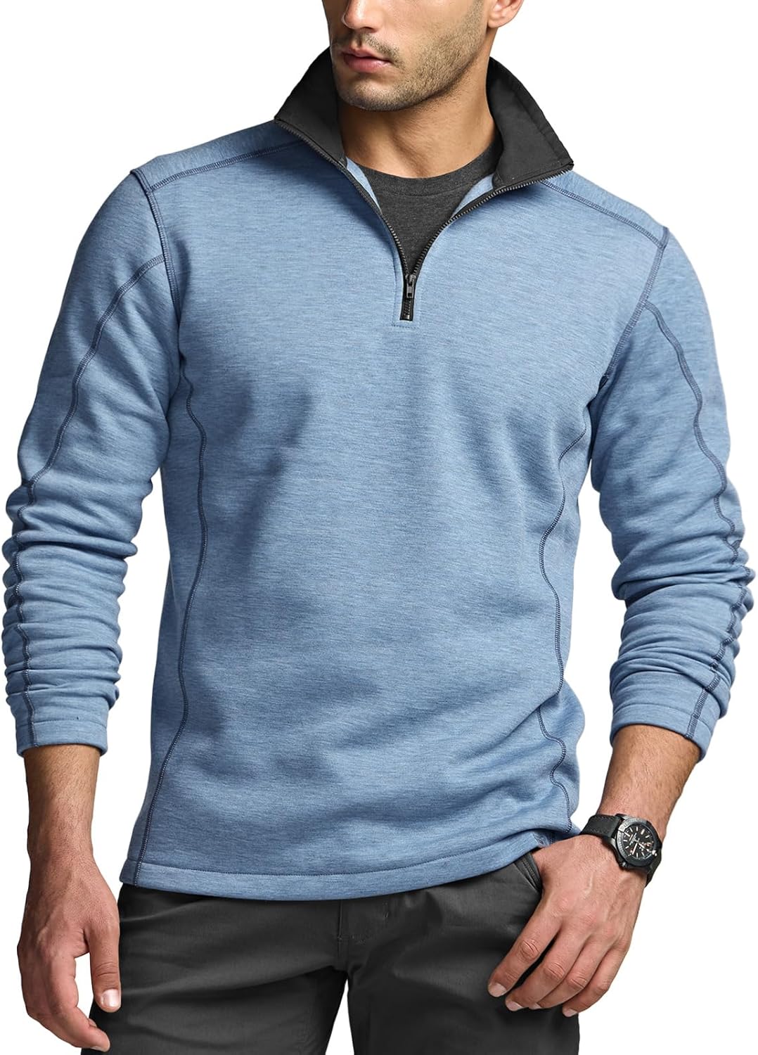 Men's Thermal Fleece Quarter Zip Sweater, Outdoor Lightweight Long Sleeve Pullover, Casual Mock Neck Polo Sweaters