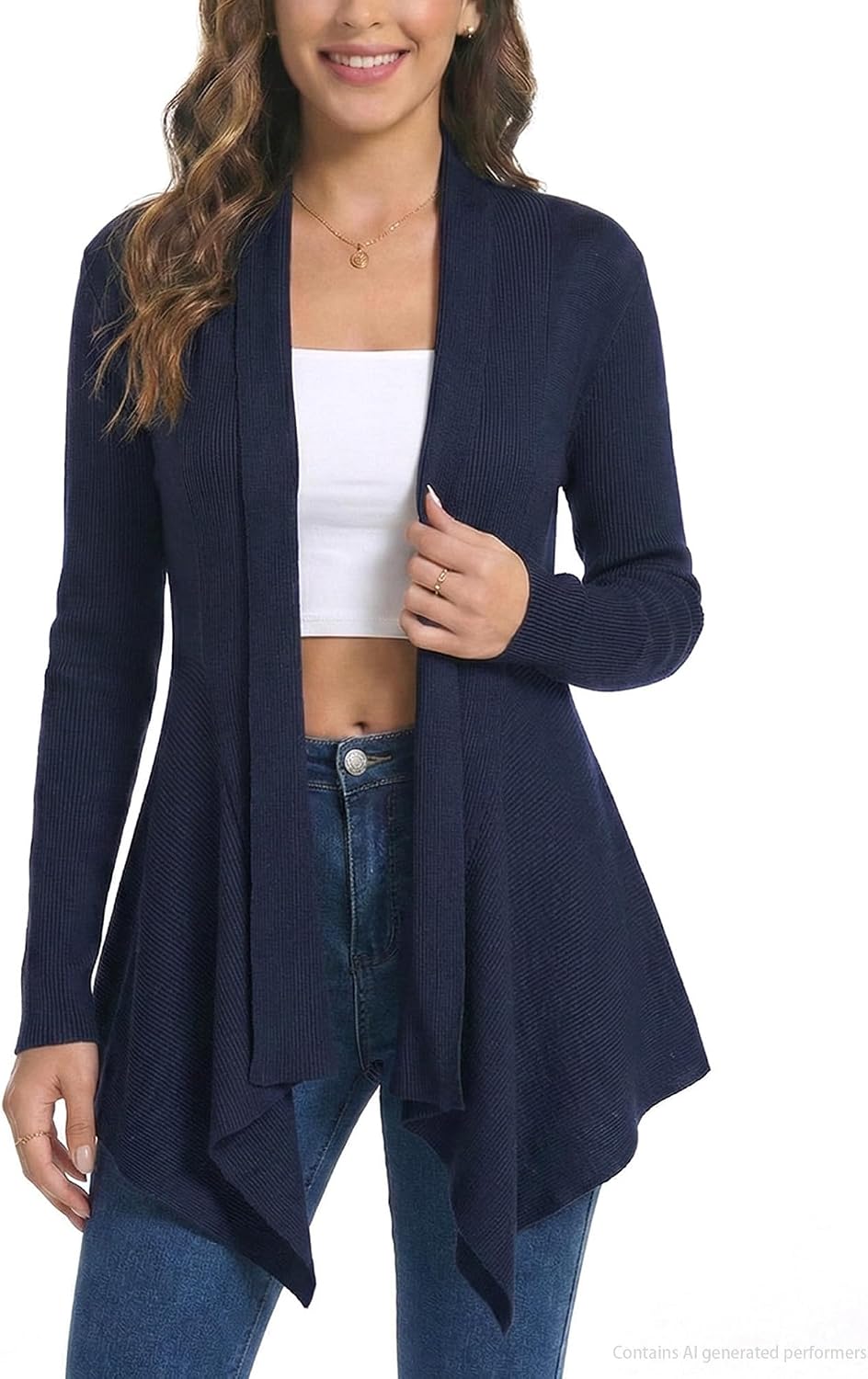 Women Open Front Draped Cardigan, Ribbed Knit Long Sleeve Asymmetrical Hem for Dresses Business Casual Layering
