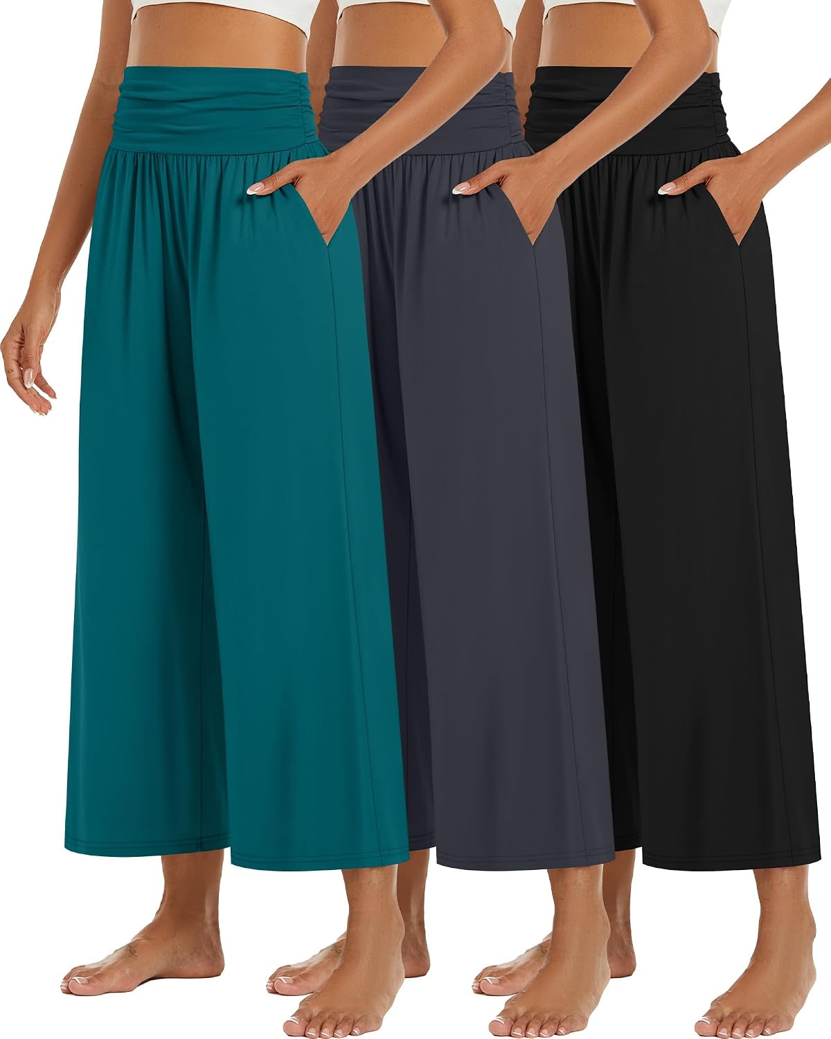 3 Pack Wide Leg Capri Pants for Women Summer Gaucho Pants Cropped Palazzo High Waist Lounge Yoga Trouser with Pockets