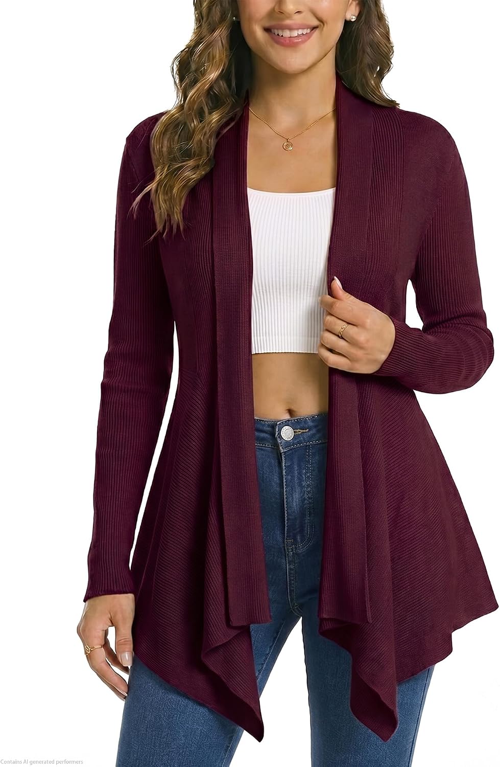 Women Open Front Draped Cardigan, Ribbed Knit Long Sleeve Asymmetrical Hem for Dresses Business Casual Layering