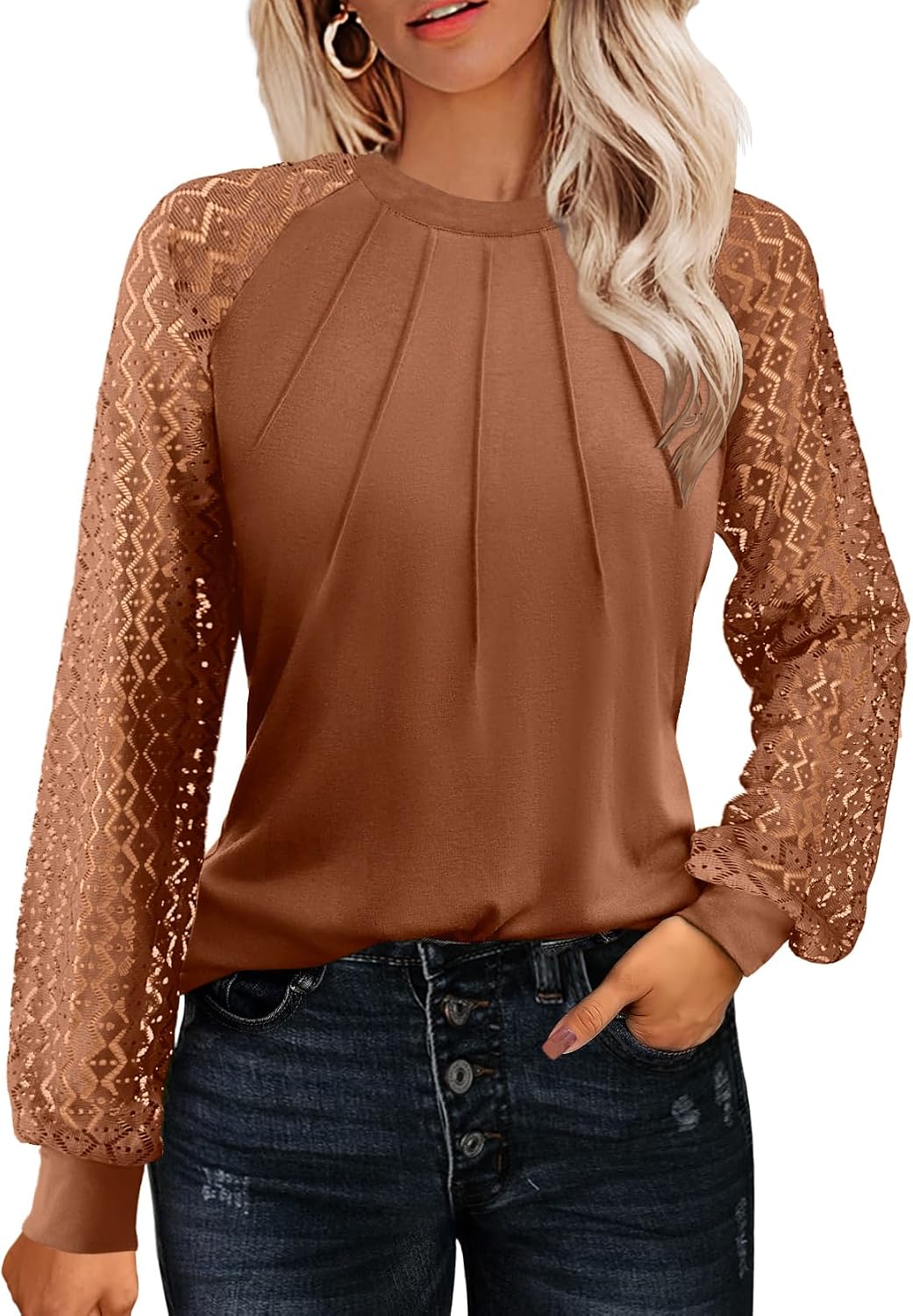 Women's Lace Long Sleeve Spring Dressy Casual Business Work Trendy Shirts