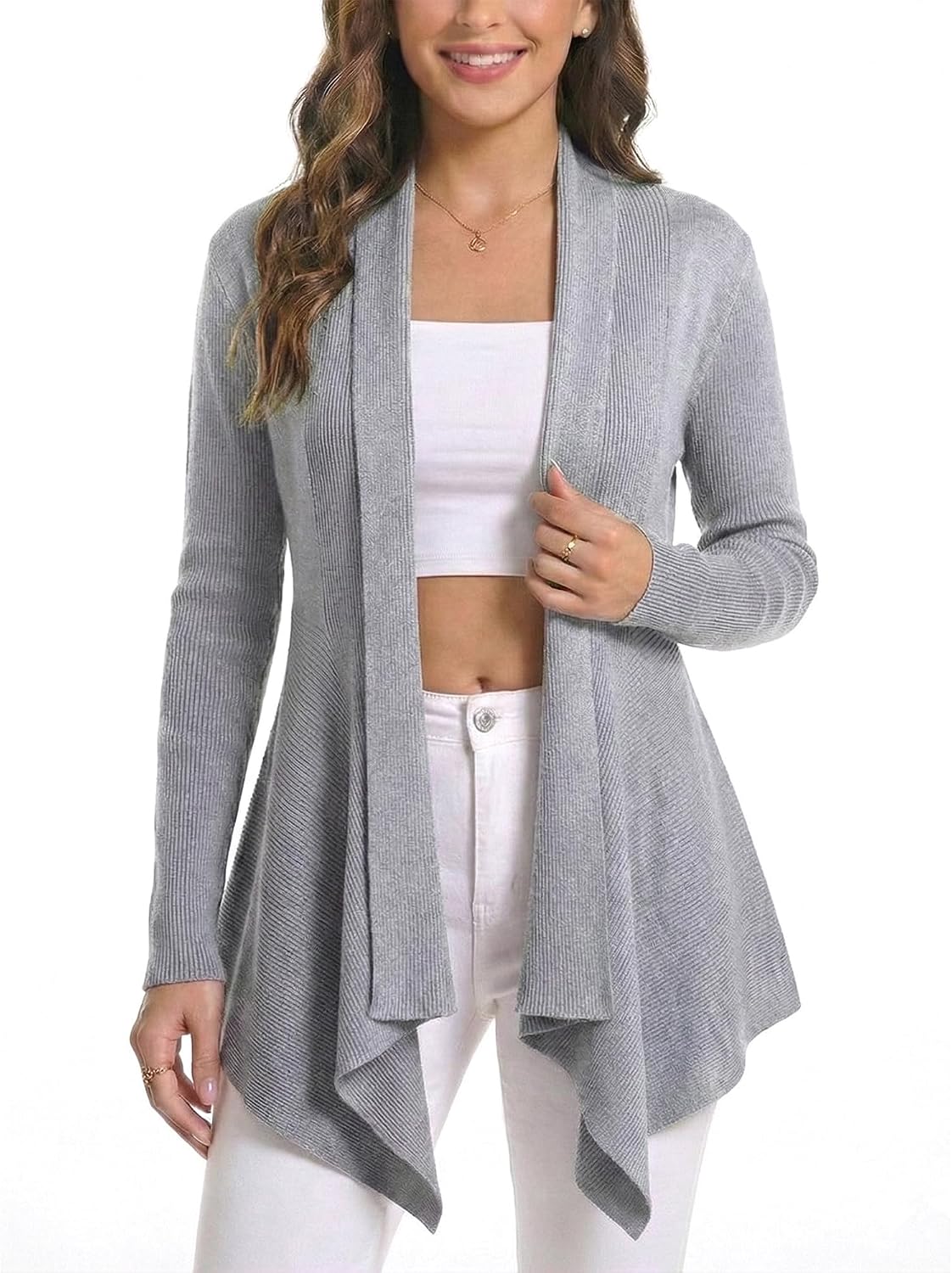 Women Open Front Draped Cardigan, Ribbed Knit Long Sleeve Asymmetrical Hem for Dresses Business Casual Layering