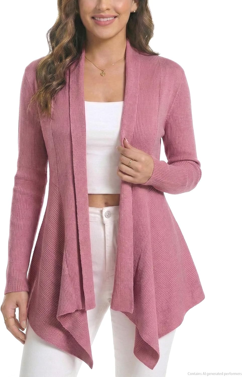 Women Open Front Draped Cardigan, Ribbed Knit Long Sleeve Asymmetrical Hem for Dresses Business Casual Layering