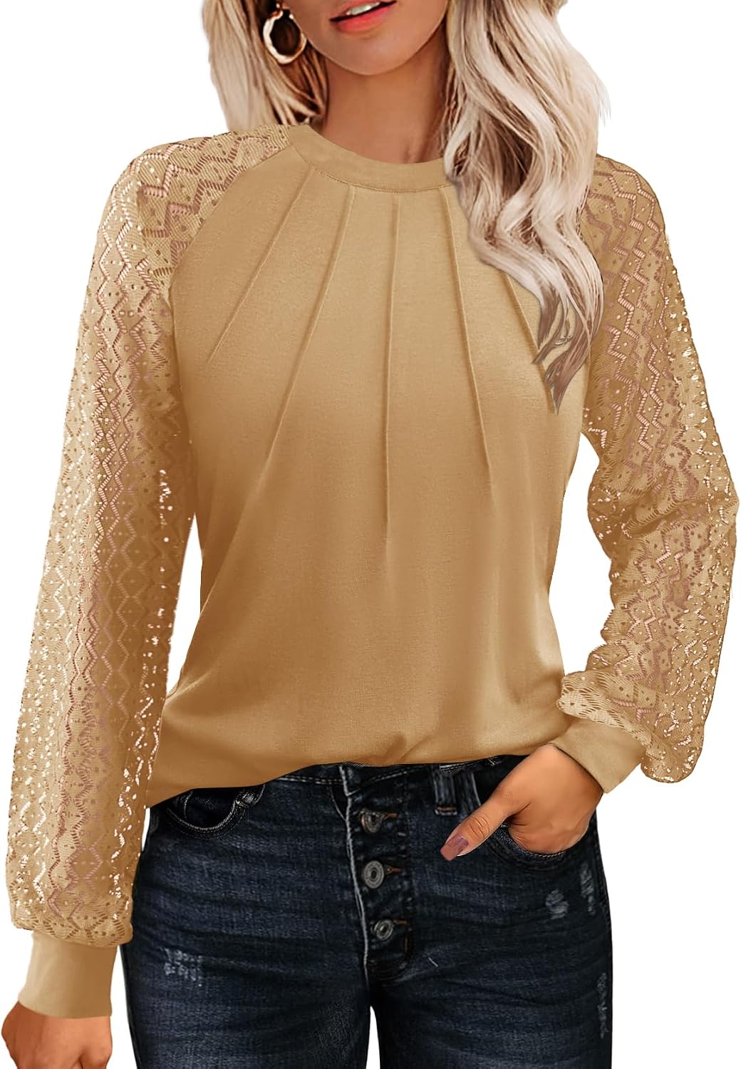 Women's Lace Long Sleeve Spring Dressy Casual Business Work Trendy Shirts