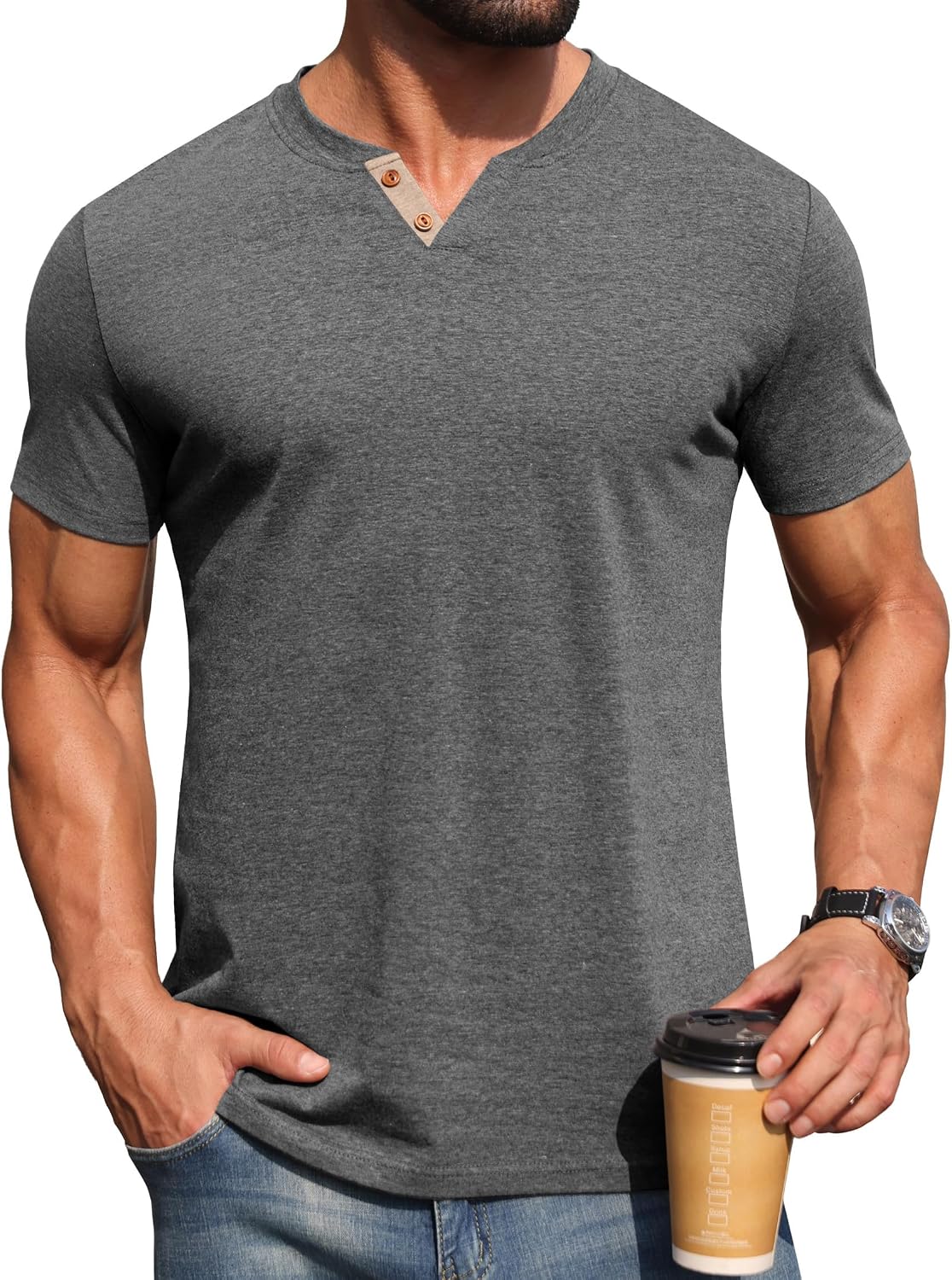 Mens Henley Lightweight Shirts Short Sleeve Casual Cotton Button T-Shirts Summer Basic Tee