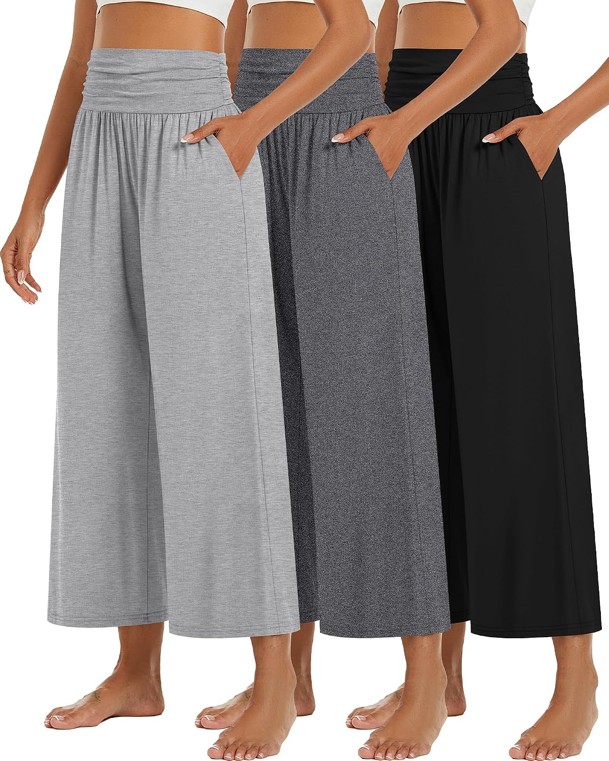 3 Pack Wide Leg Capri Pants for Women Summer Gaucho Pants Cropped Palazzo High Waist Lounge Yoga Trouser with Pockets