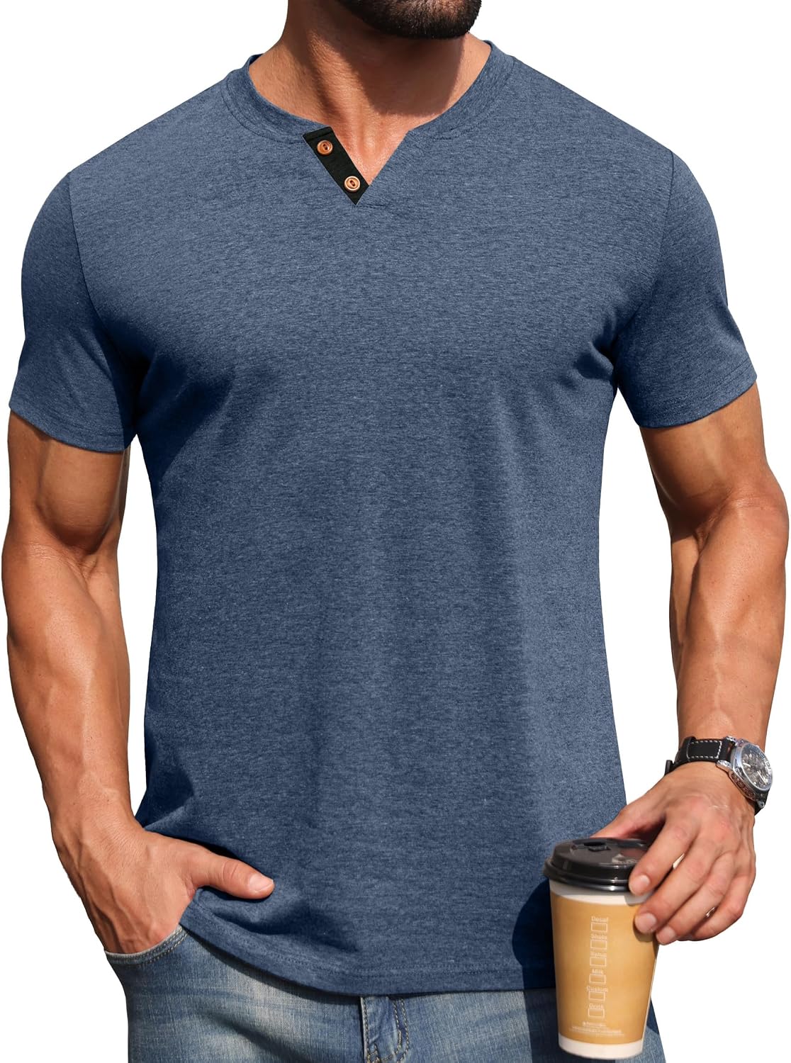 Mens Henley Lightweight Shirts Short Sleeve Casual Cotton Button T-Shirts Summer Basic Tee