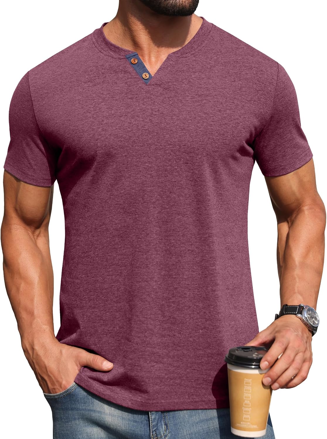 Mens Henley Lightweight Shirts Short Sleeve Casual Cotton Button T-Shirts Summer Basic Tee