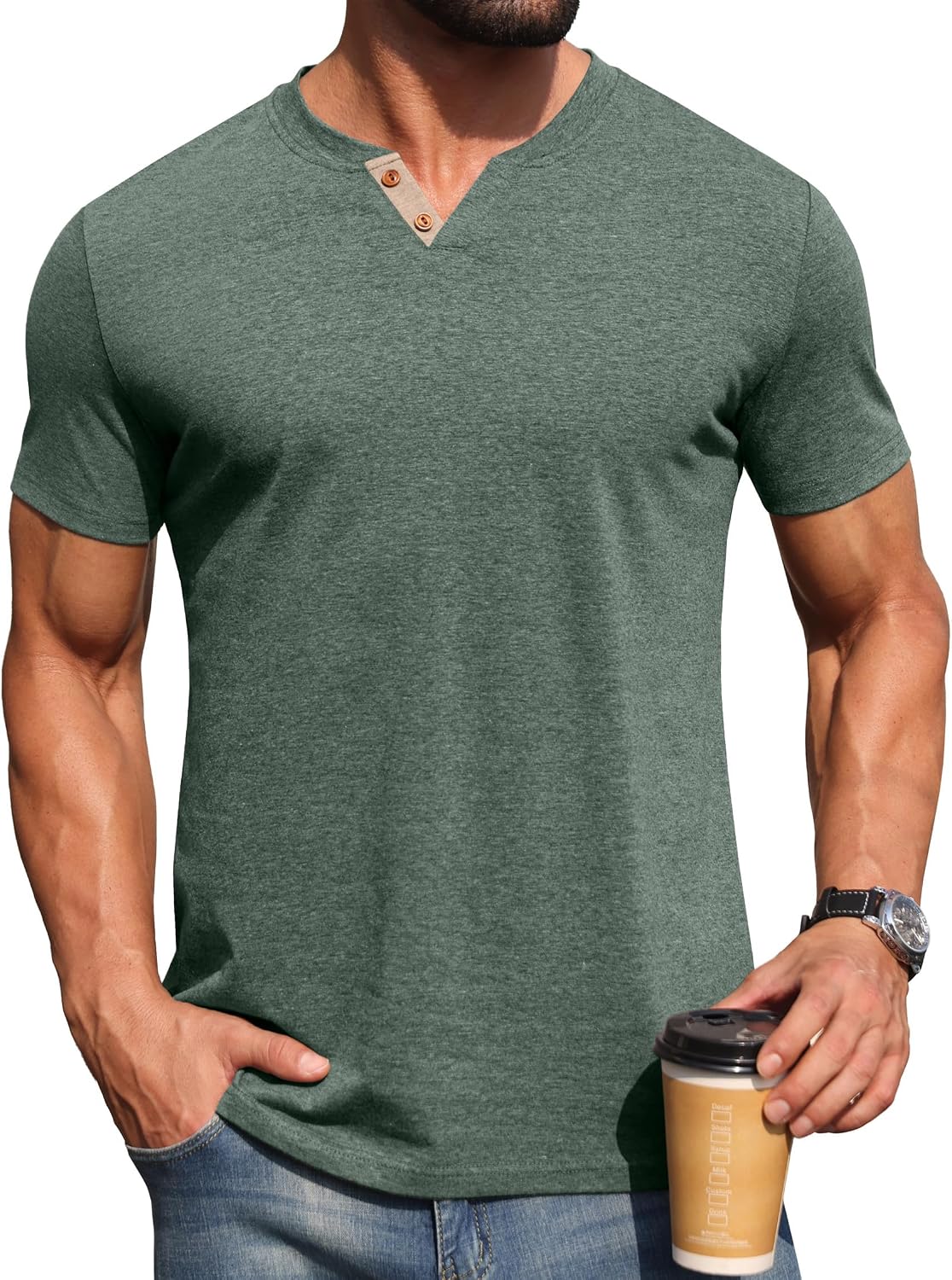 Mens Henley Lightweight Shirts Short Sleeve Casual Cotton Button T-Shirts Summer Basic Tee
