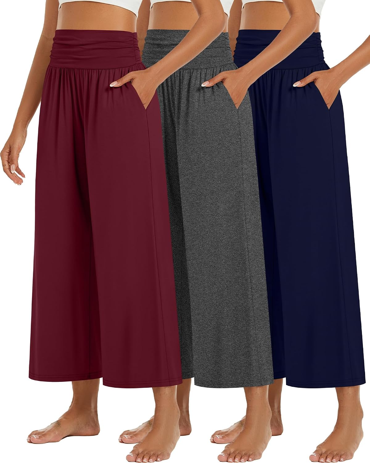 3 Pack Wide Leg Capri Pants for Women Summer Gaucho Pants Cropped Palazzo High Waist Lounge Yoga Trouser with Pockets