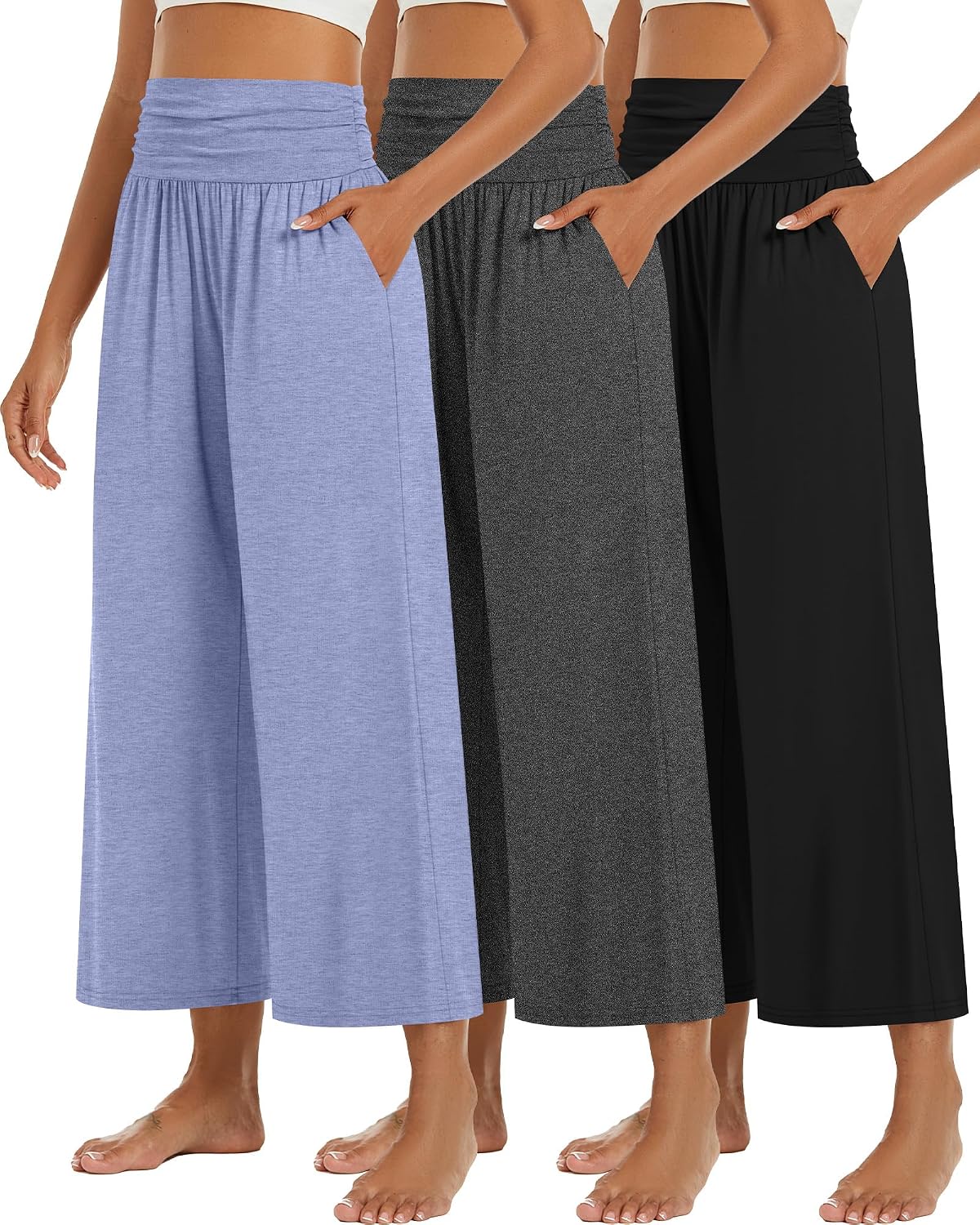 3 Pack Wide Leg Capri Pants for Women Summer Gaucho Pants Cropped Palazzo High Waist Lounge Yoga Trouser with Pockets