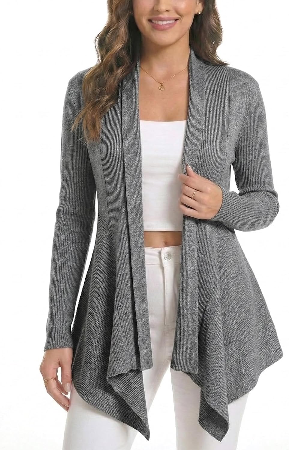 Women Open Front Draped Cardigan, Ribbed Knit Long Sleeve Asymmetrical Hem for Dresses Business Casual Layering