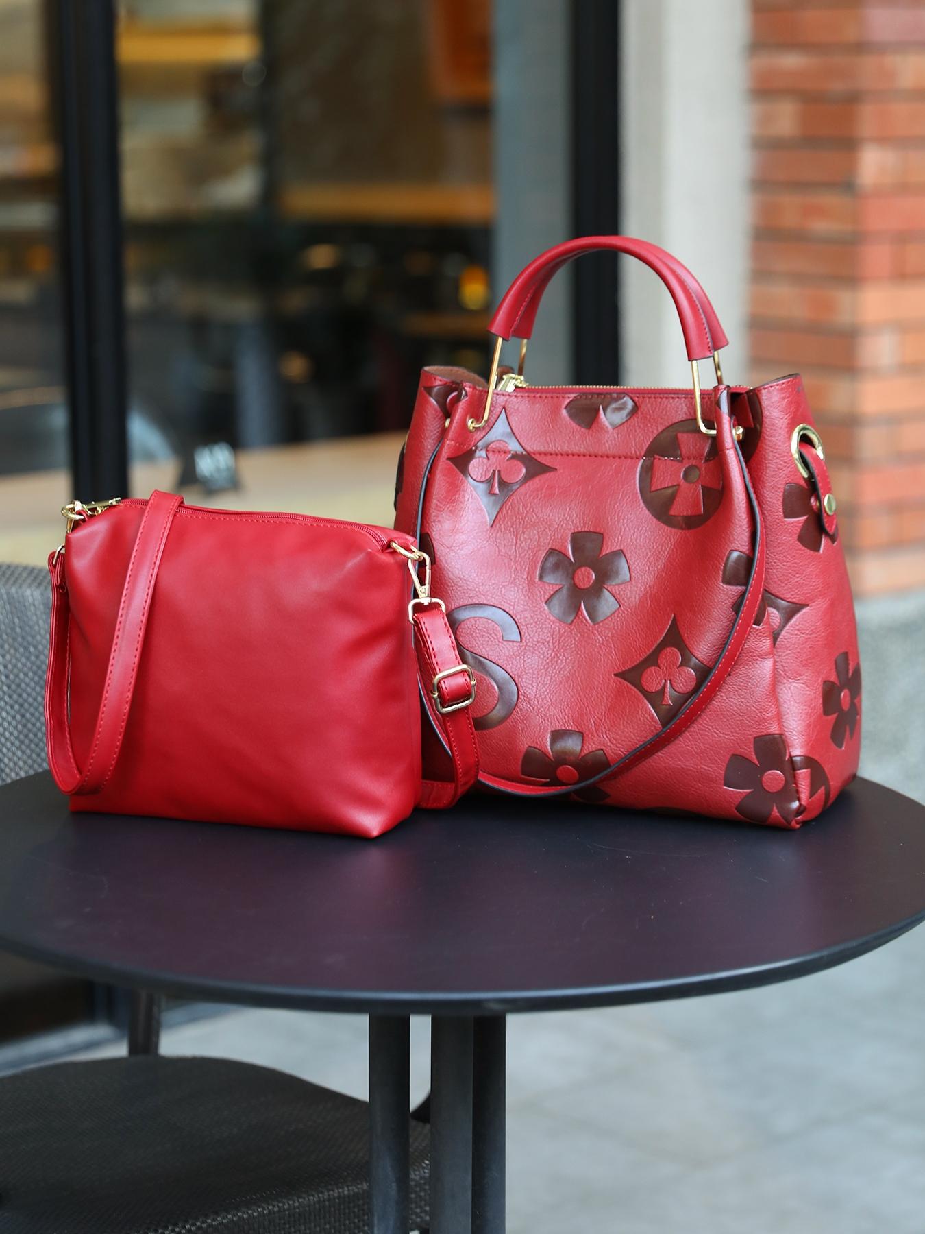 Women's Fashionable Vintage Floral Embossed Leather Handbag Set, Including Large Capacity Handbag & Crossbody Bag, Trendy Versatile Daily Commuting Bag Set