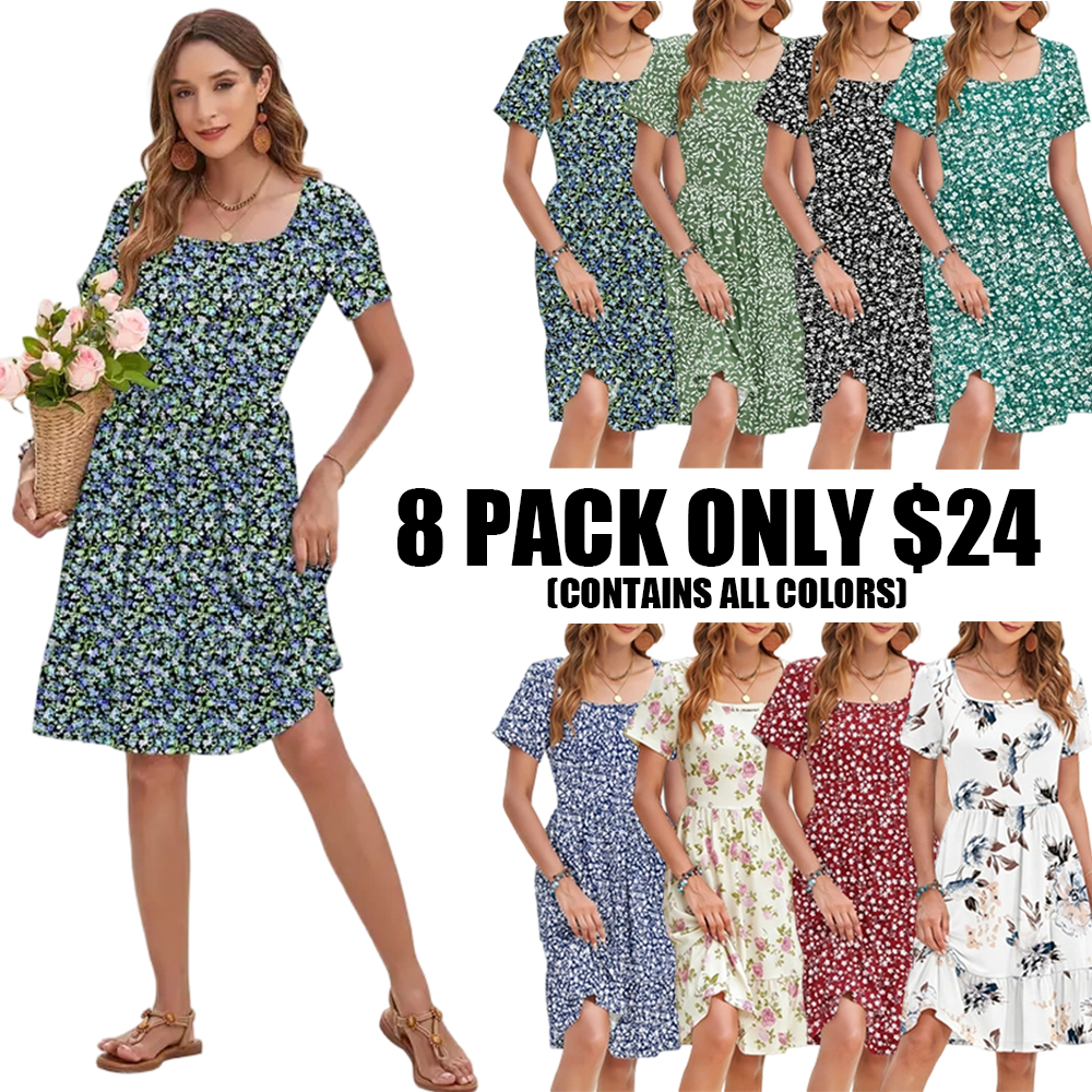Women Square Neck Ditsy Floral Dress, Ruffle Empire Waist A-Line Sundress With Pockets