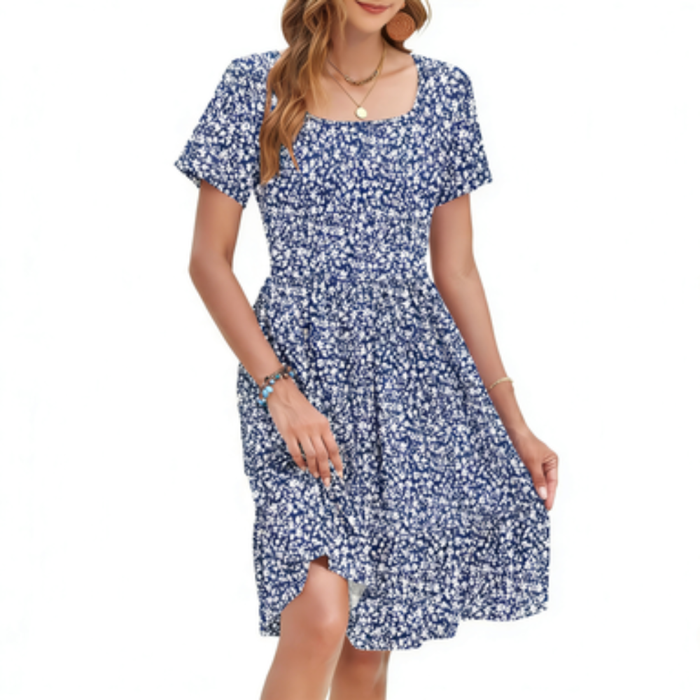 Women Square Neck Ditsy Floral Dress, Ruffle Empire Waist A-Line Sundress With Pockets