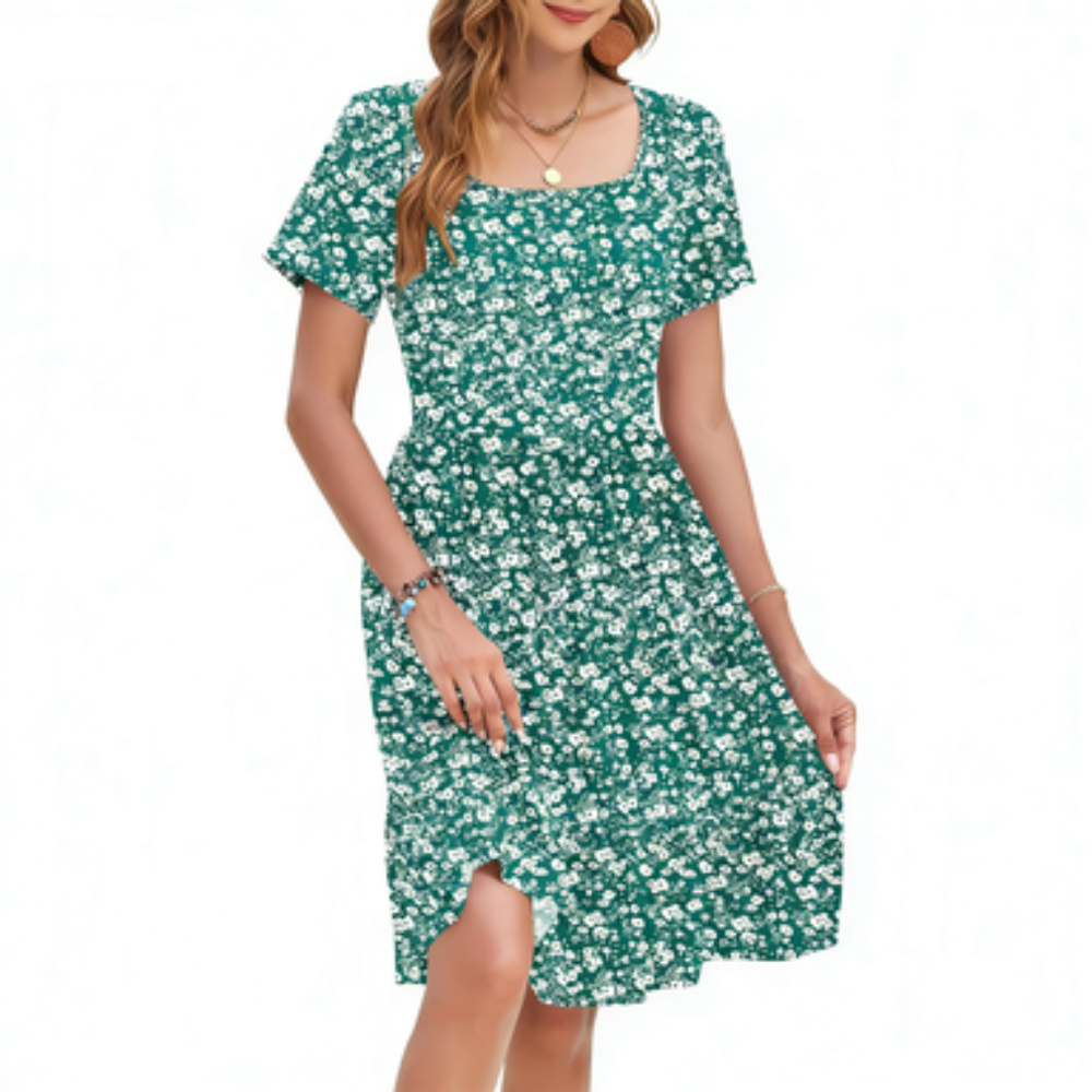 Women Square Neck Ditsy Floral Dress, Ruffle Empire Waist A-Line Sundress With Pockets