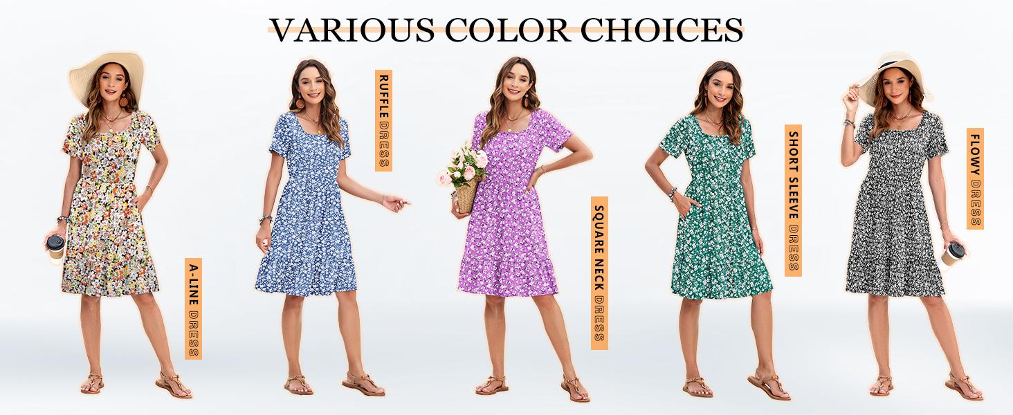 AUSELILY Womens Square Neck Dresses Ditsy Floral Print Short Sleeve A-Line Ruffle Empire Waist Sundress with Pockets 2026 Shortsleeve