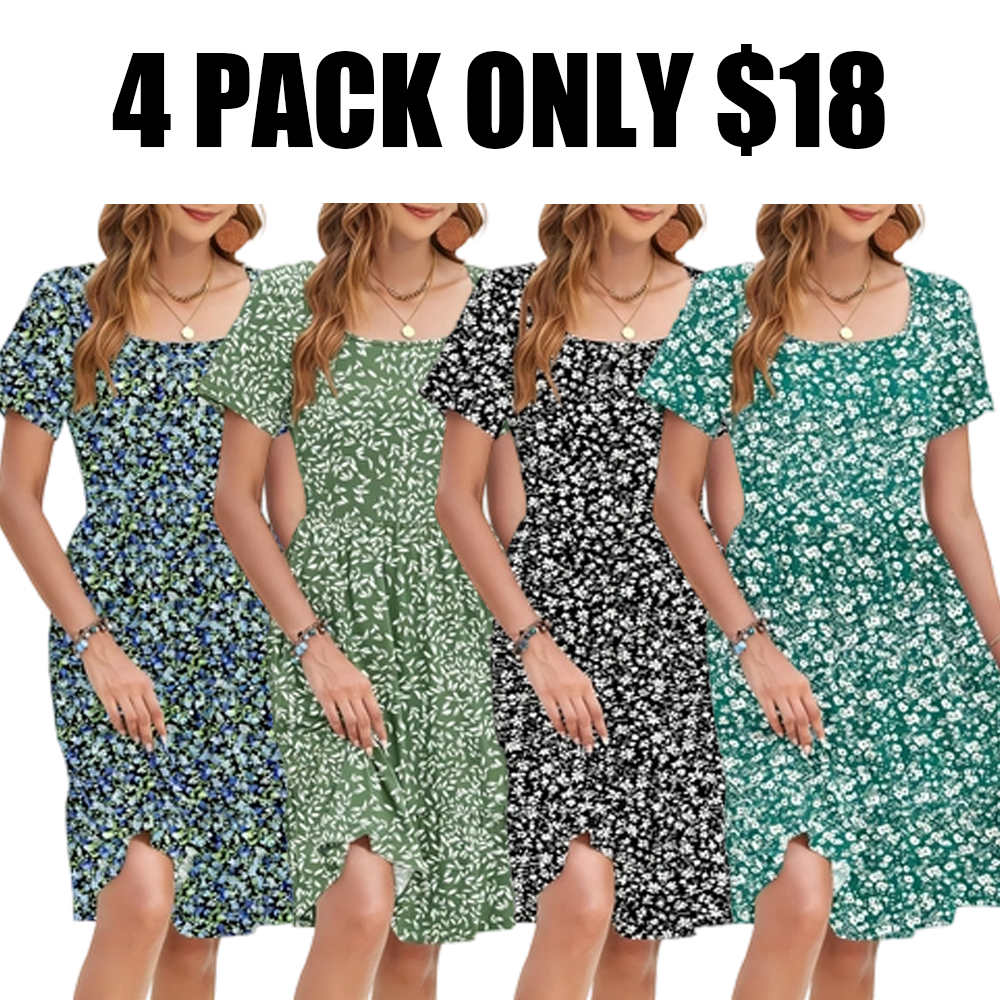 Women Square Neck Ditsy Floral Dress, Ruffle Empire Waist A-Line Sundress With Pockets