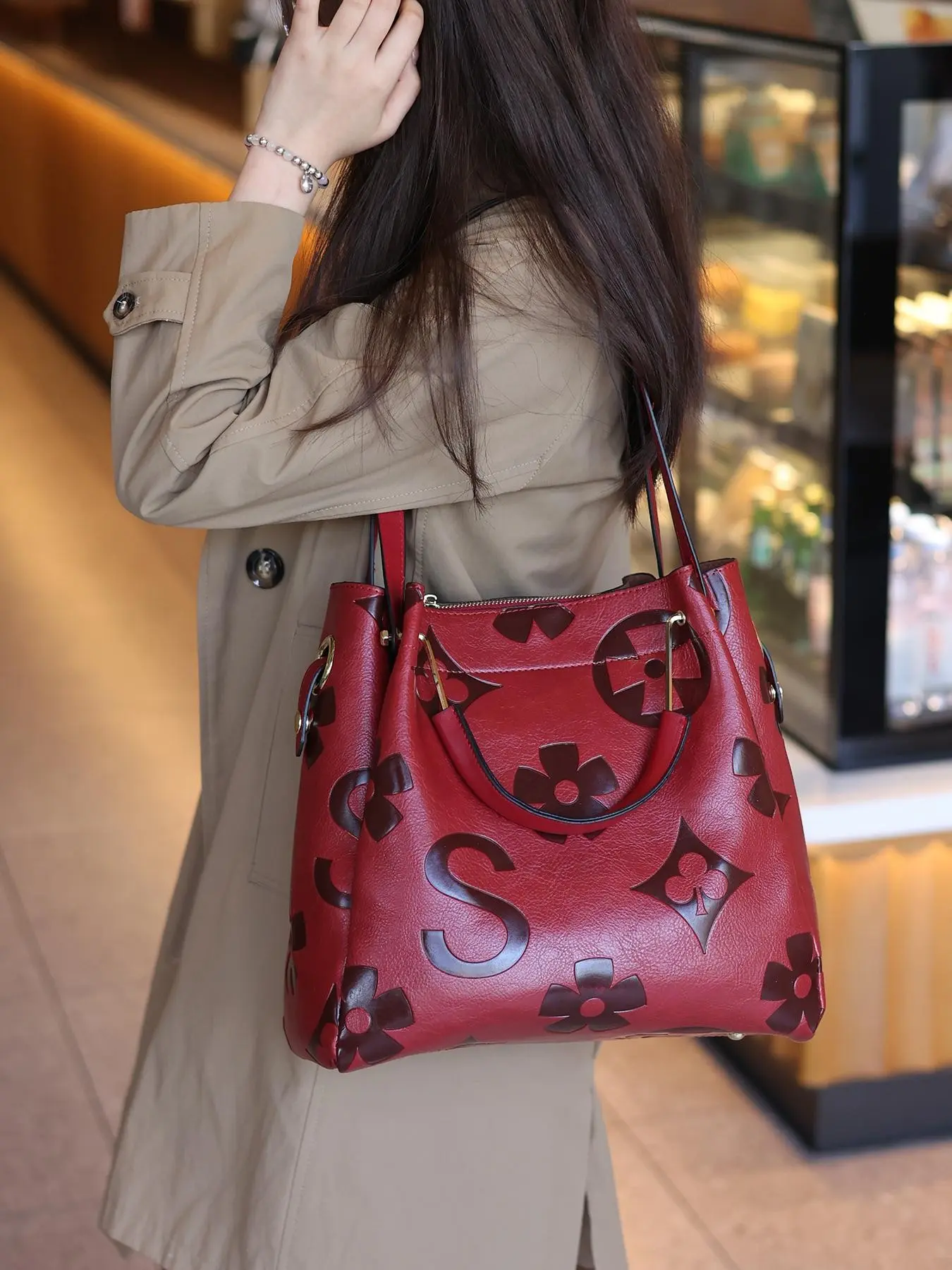Floral Embossed Handbag Set for Women - Large & Crossbody