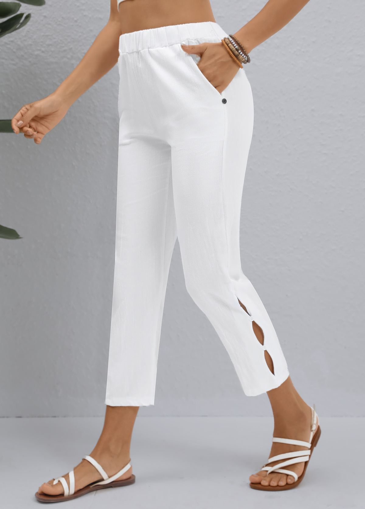 White Button Elastic Waist High Waisted Pants
