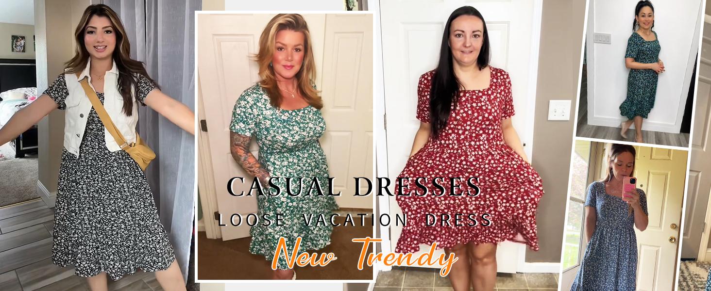 AUSELILY Womens Square Neck Dresses Ditsy Floral Print Short Sleeve A-Line Ruffle Empire Waist Sundress with Pockets 2026 Shortsleeve