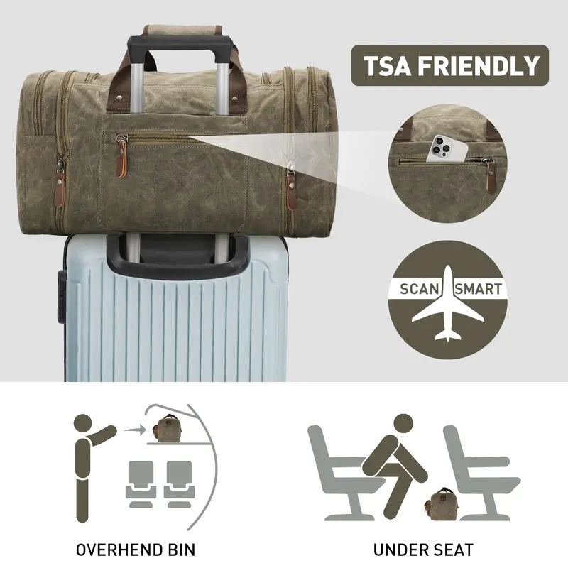 Vintage Waxed Canvas Duffle Bag for Men, Large 50L-60L Waterproof Weekender with Leather Trim, Expandable Carry-On for Travel