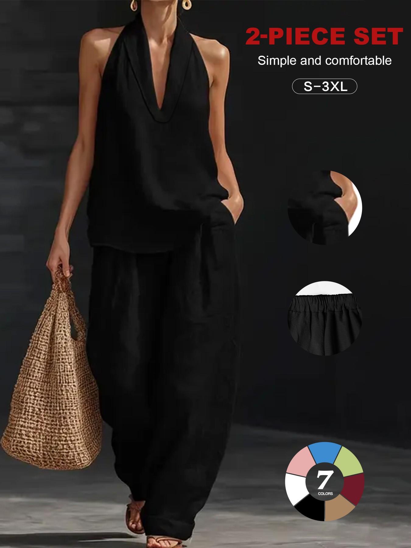 2026 European Style Home Wear Set, Casual Linen Halter Two-Piece Suite, Summer Deep V Sleeveless Top + High-Waisted Wide Leg Pants