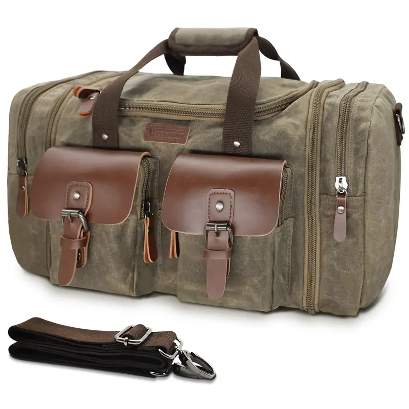 Vintage Waxed Canvas Duffle Bag for Men, Large 50L-60L Waterproof Weekender with Leather Trim, Expandable Carry-On for Travel