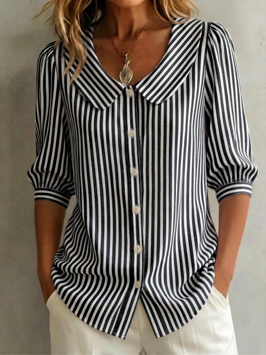 New Arrivals🔥 Women's Retro Peter Pan Collar Striped Cotton Linen Shirt