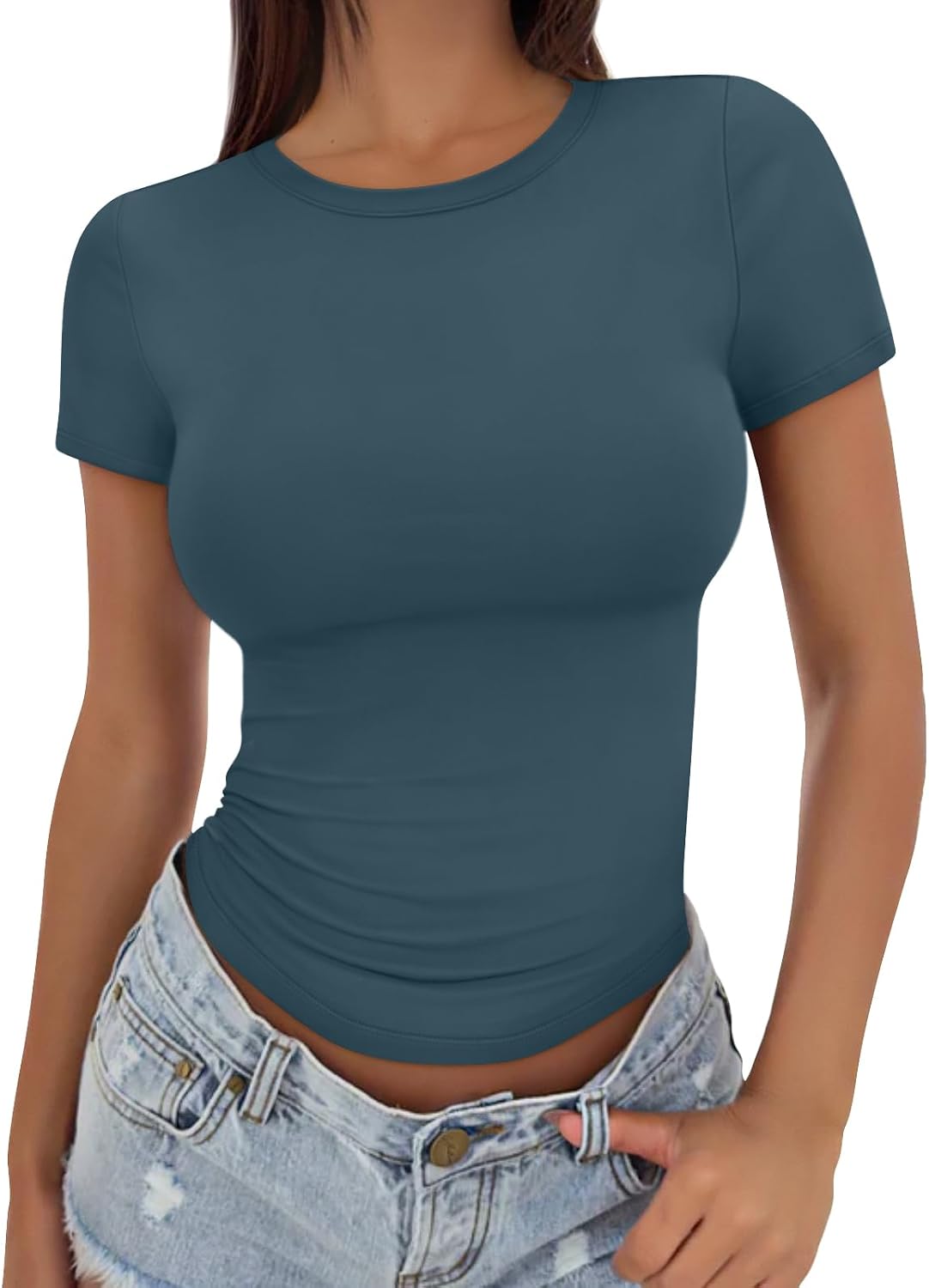 Womens Basic T Shirts - Stretchy Soft Slim Fit Short Sleeve Y2k Cute Summer Crop Workout Tops