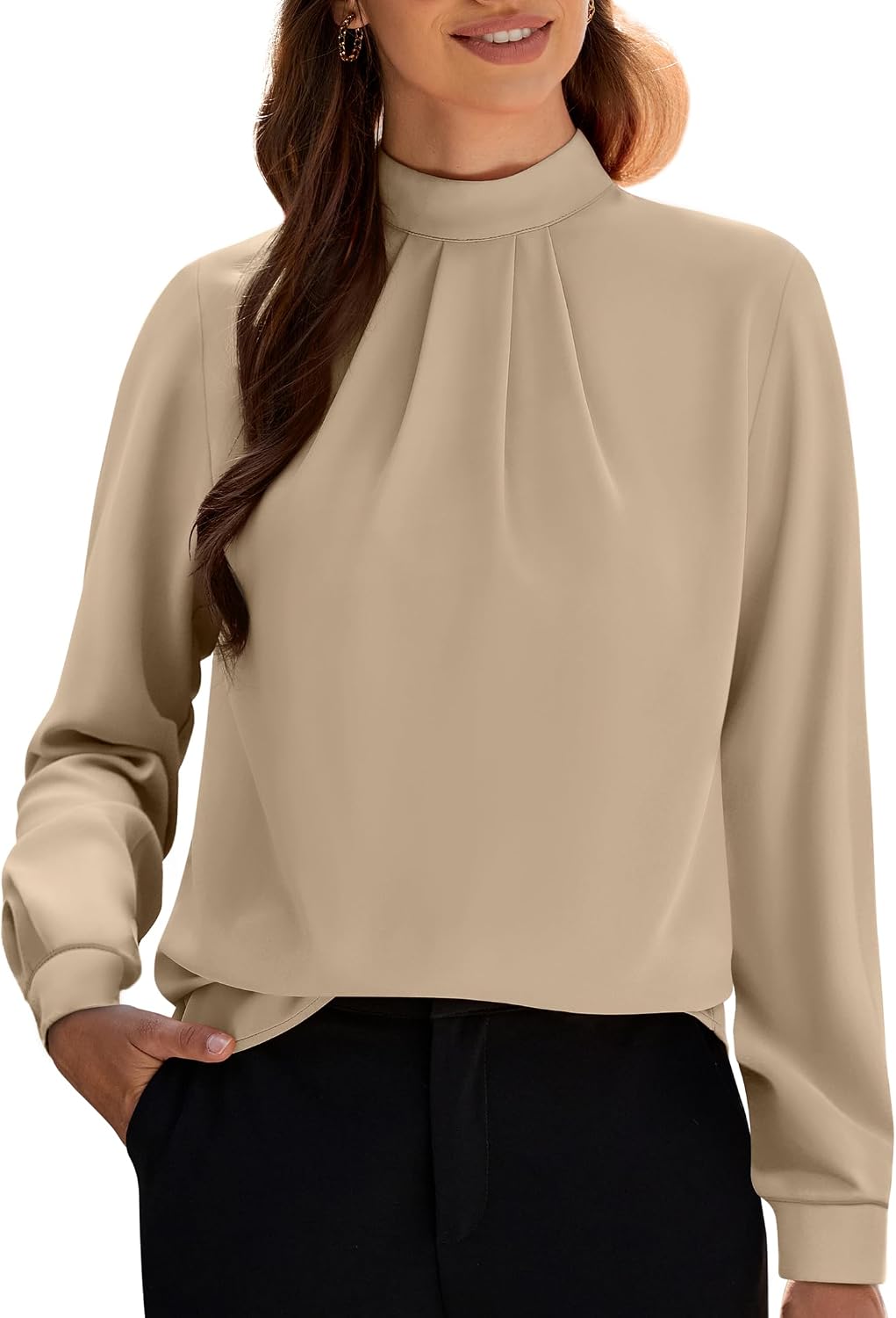 Women's Long Sleeve Tops Dressy Casual Mock Neck Work Blouse Fall Trendy Front Pleated Tunic Chiffon Shirts