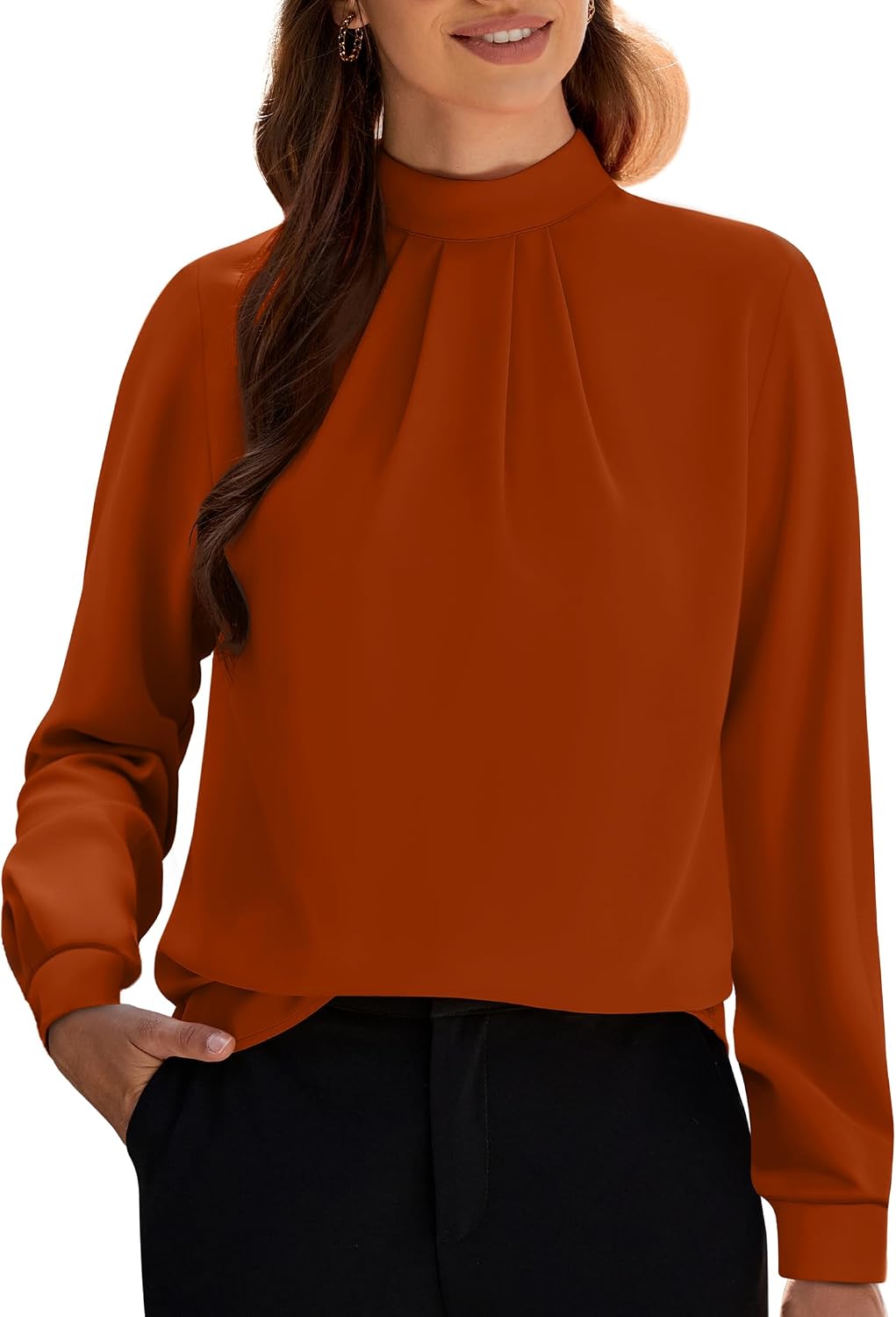 Women's Long Sleeve Tops Dressy Casual Mock Neck Work Blouse Fall Trendy Front Pleated Tunic Chiffon Shirts