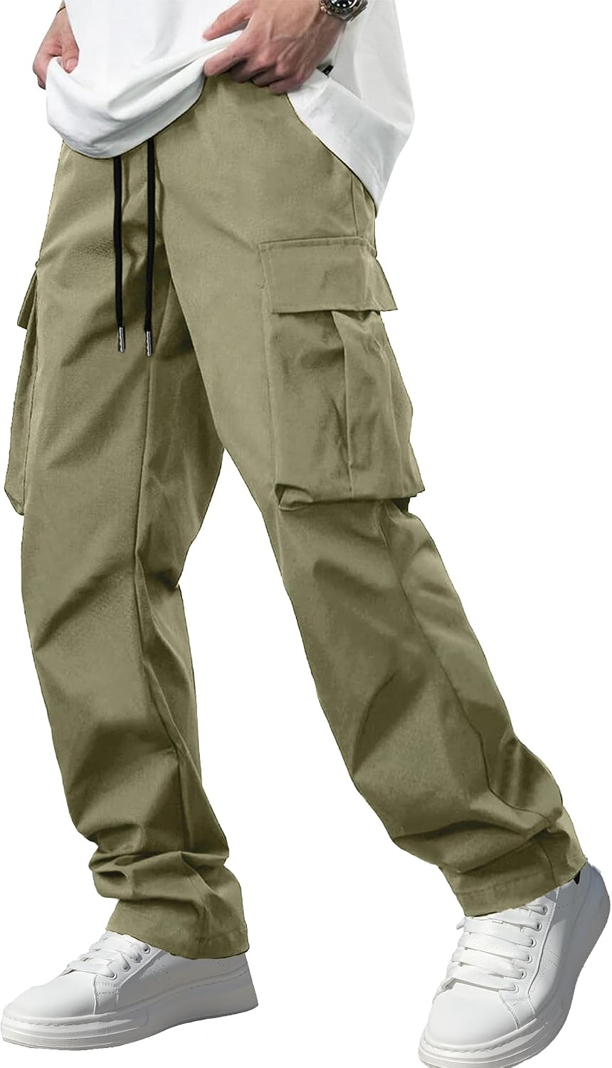 Men's Casual Cargo Pants Workout Joggers Stretch Sweatpants Hiking Drawstring Tactical Pants with Multi Pockets
