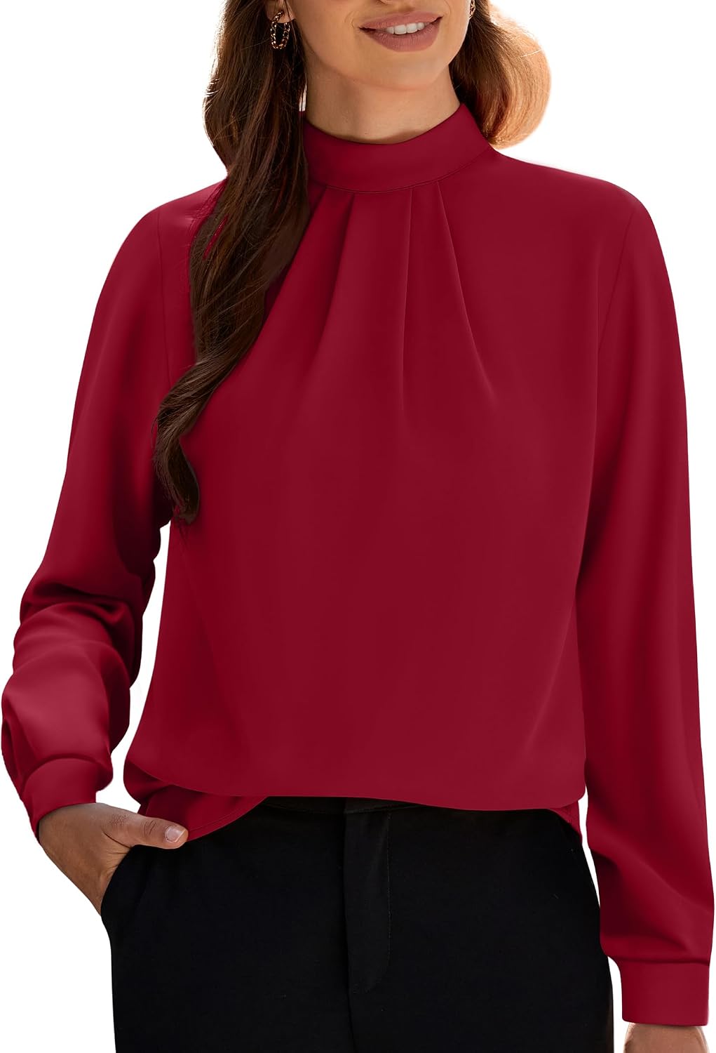 Women's Long Sleeve Tops Dressy Casual Mock Neck Work Blouse Fall Trendy Front Pleated Tunic Chiffon Shirts