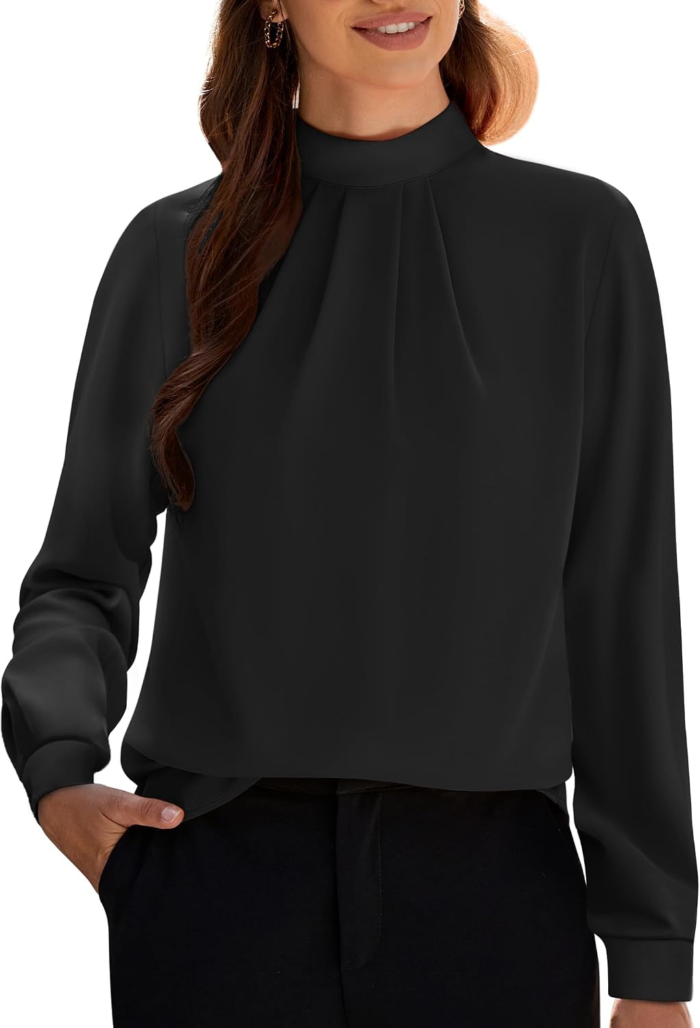 Women's Long Sleeve Tops Dressy Casual Mock Neck Work Blouse Fall Trendy Front Pleated Tunic Chiffon Shirts