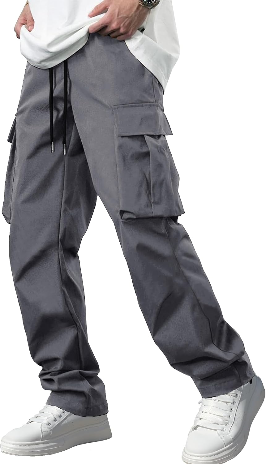 Men's Casual Cargo Pants Workout Joggers Stretch Sweatpants Hiking Drawstring Tactical Pants with Multi Pockets