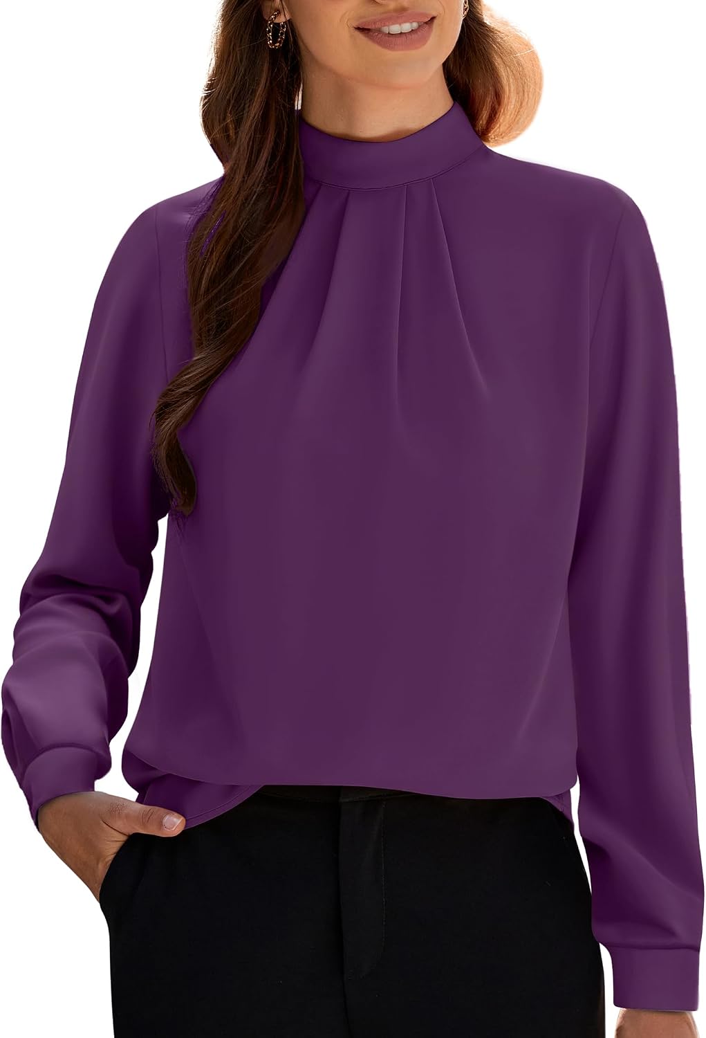 Women's Long Sleeve Tops Dressy Casual Mock Neck Work Blouse Fall Trendy Front Pleated Tunic Chiffon Shirts