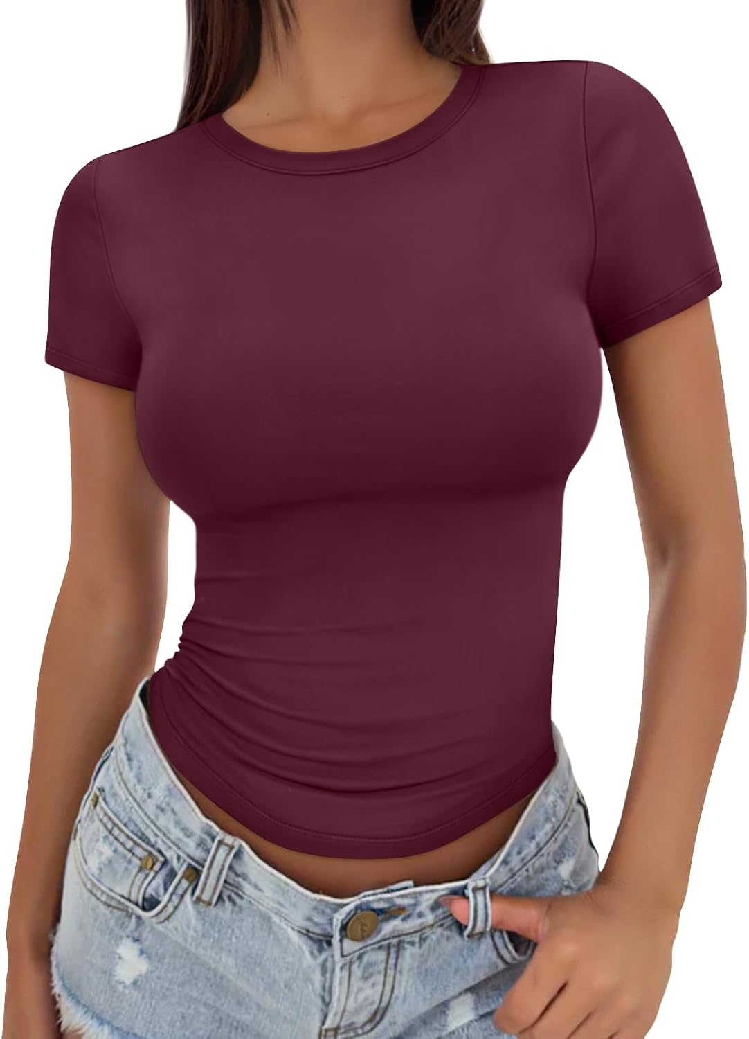 Womens Basic T Shirts - Stretchy Soft Slim Fit Short Sleeve Y2k Cute Summer Crop Workout Tops