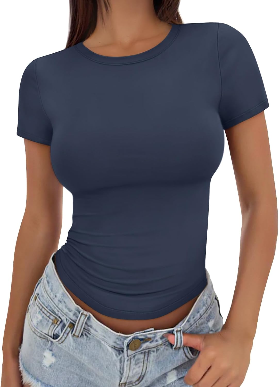 Womens Basic T Shirts - Stretchy Soft Slim Fit Short Sleeve Y2k Cute Summer Crop Workout Tops