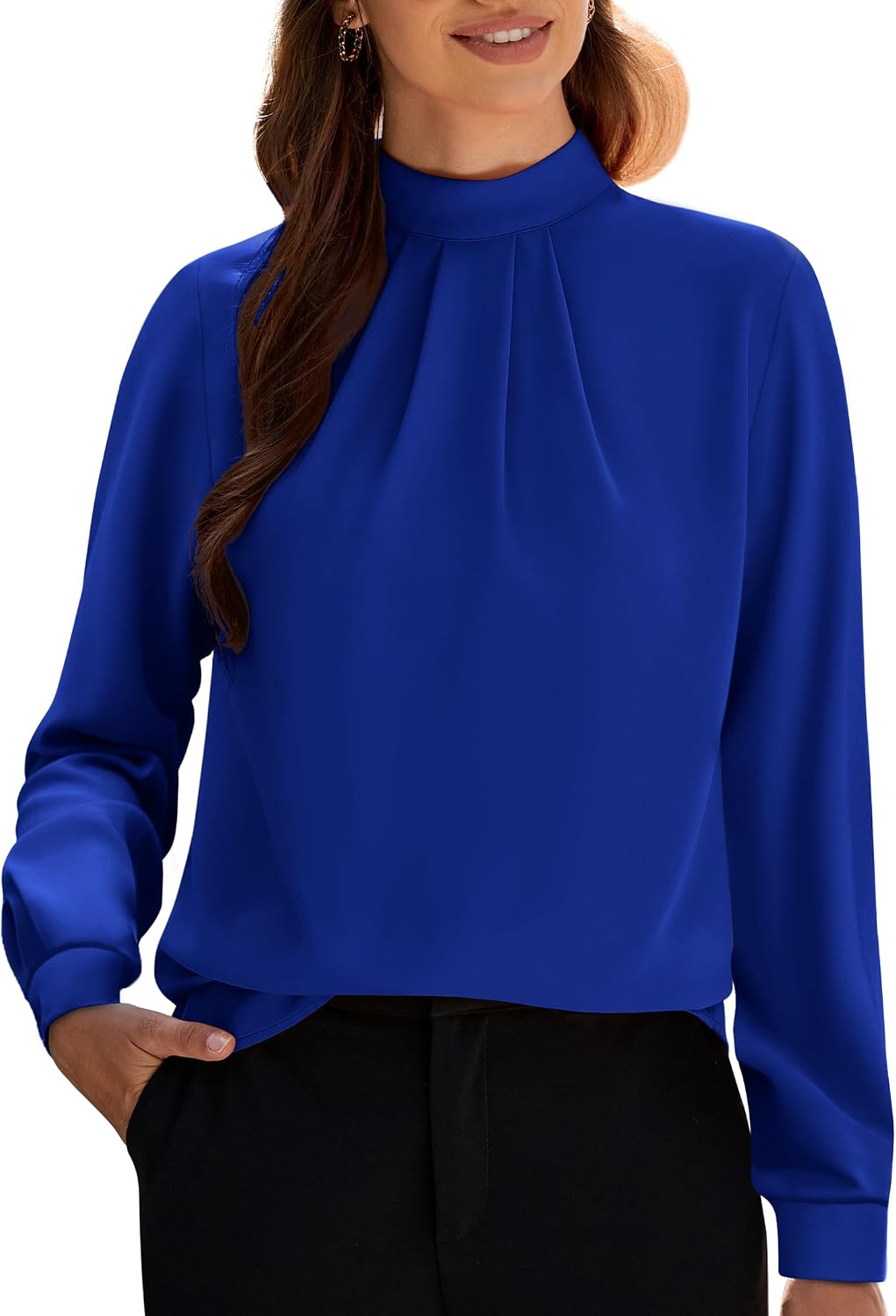 Women's Long Sleeve Tops Dressy Casual Mock Neck Work Blouse Fall Trendy Front Pleated Tunic Chiffon Shirts
