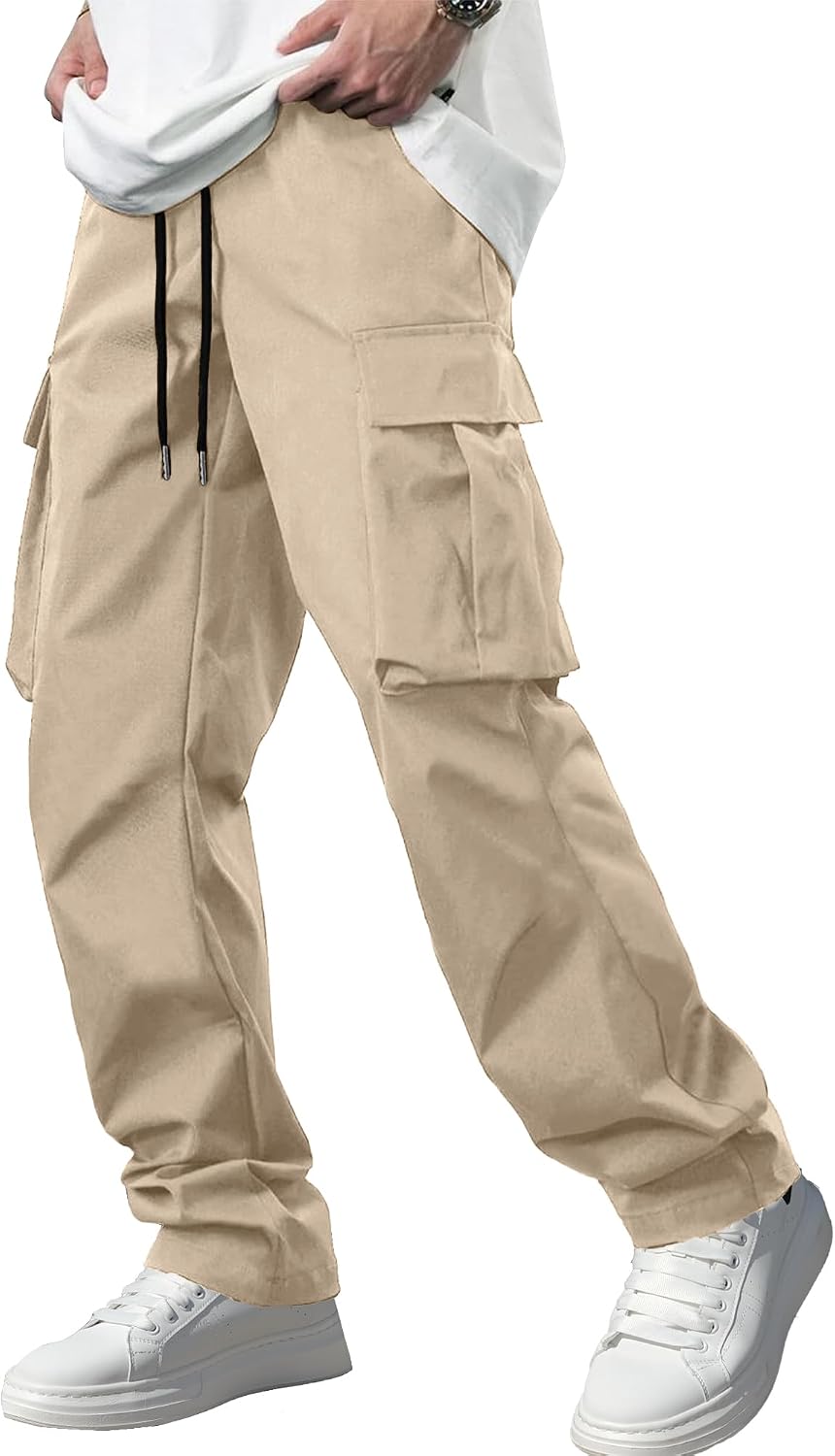 Men's Casual Cargo Pants Workout Joggers Stretch Sweatpants Hiking Drawstring Tactical Pants with Multi Pockets