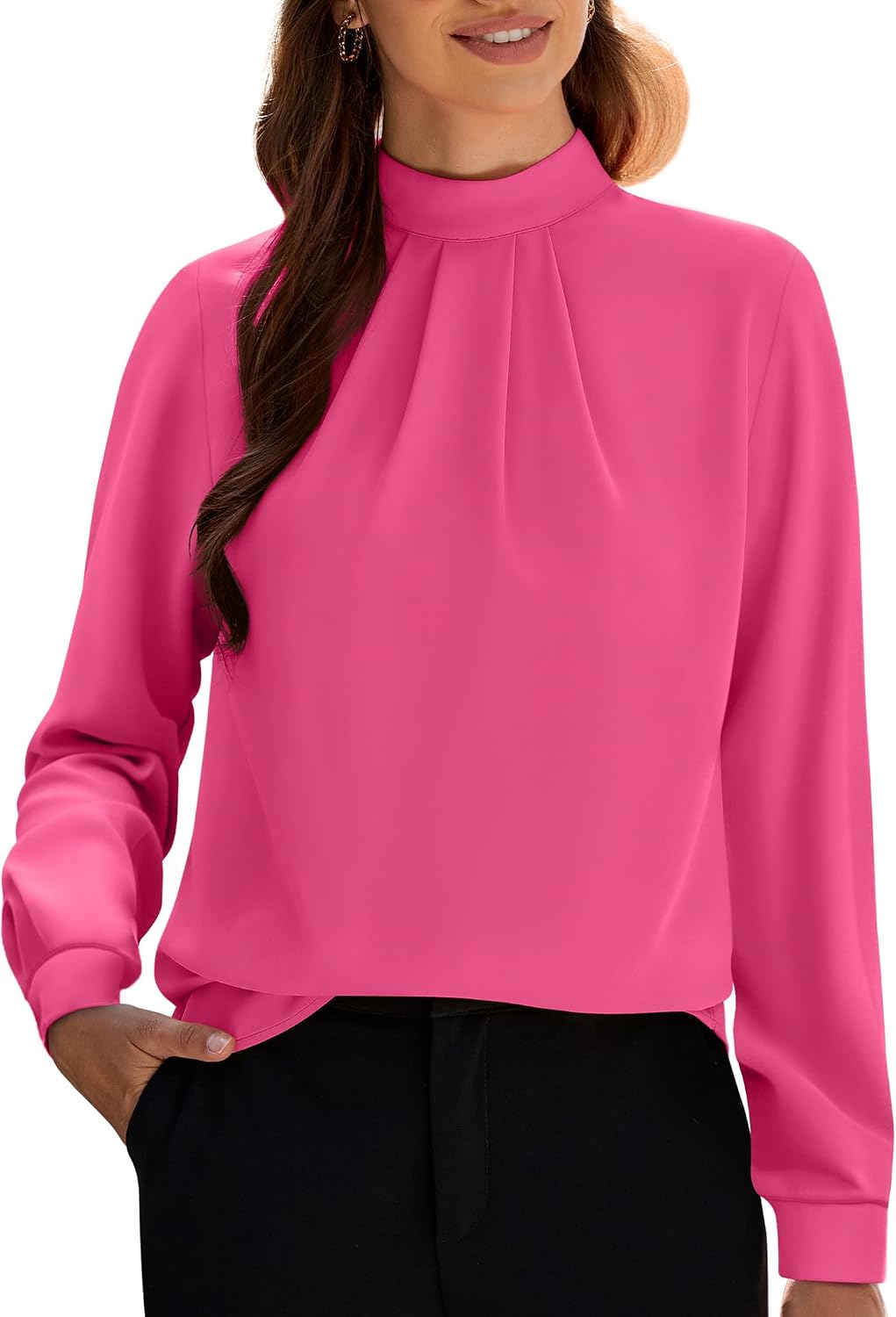 Women's Long Sleeve Tops Dressy Casual Mock Neck Work Blouse Fall Trendy Front Pleated Tunic Chiffon Shirts