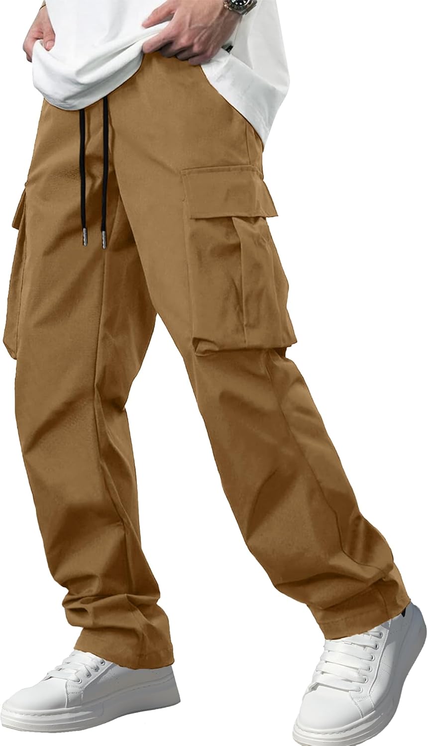 Men's Casual Cargo Pants Workout Joggers Stretch Sweatpants Hiking Drawstring Tactical Pants with Multi Pockets