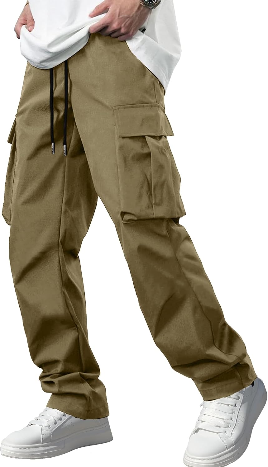 Men's Casual Cargo Pants Workout Joggers Stretch Sweatpants Hiking Drawstring Tactical Pants with Multi Pockets