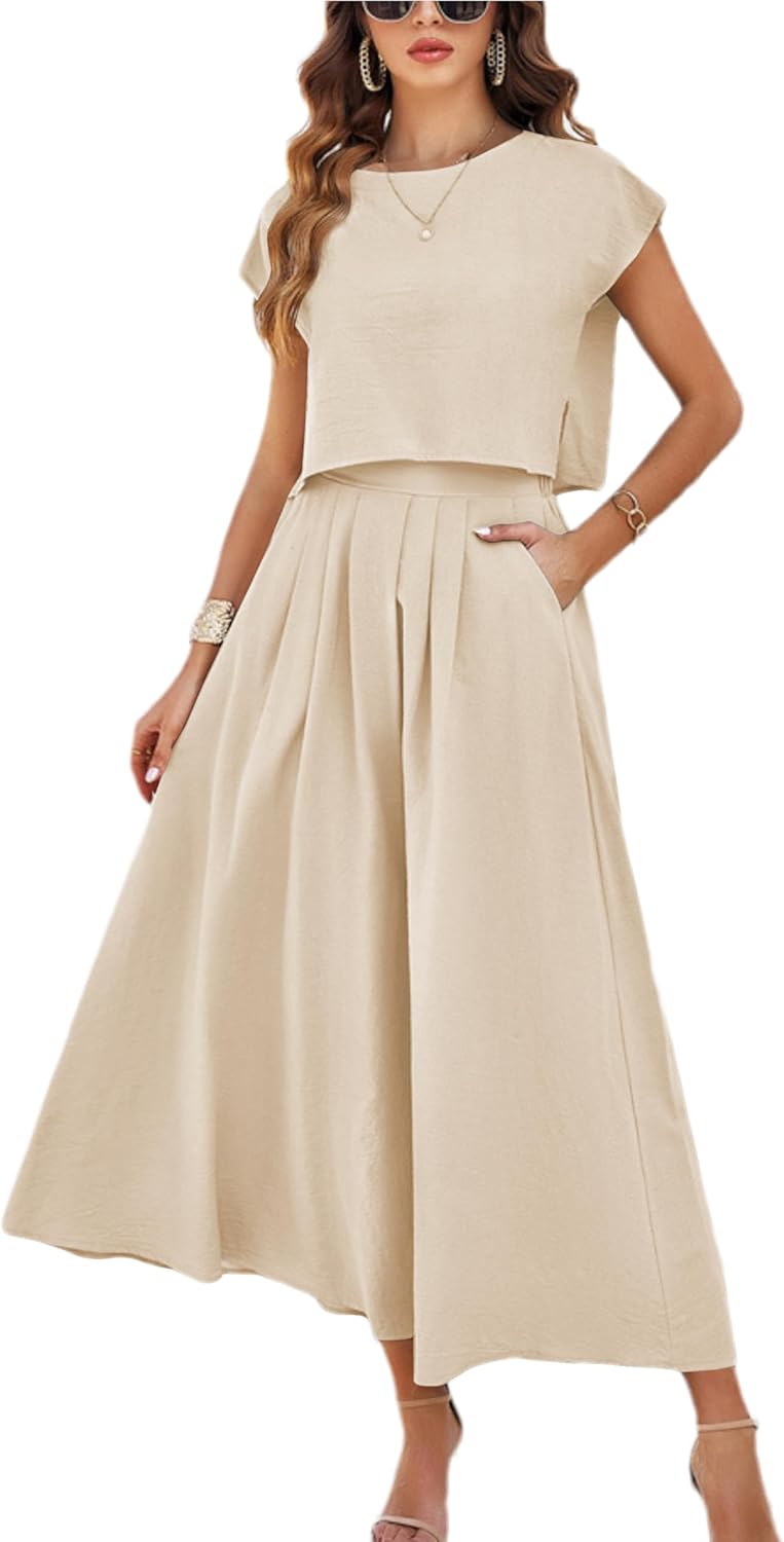 Summer Skirt Sets Women 2 Piece Outfits Cap Sleeve Top Elastic Waist Maxi Dress Sets with Pockets