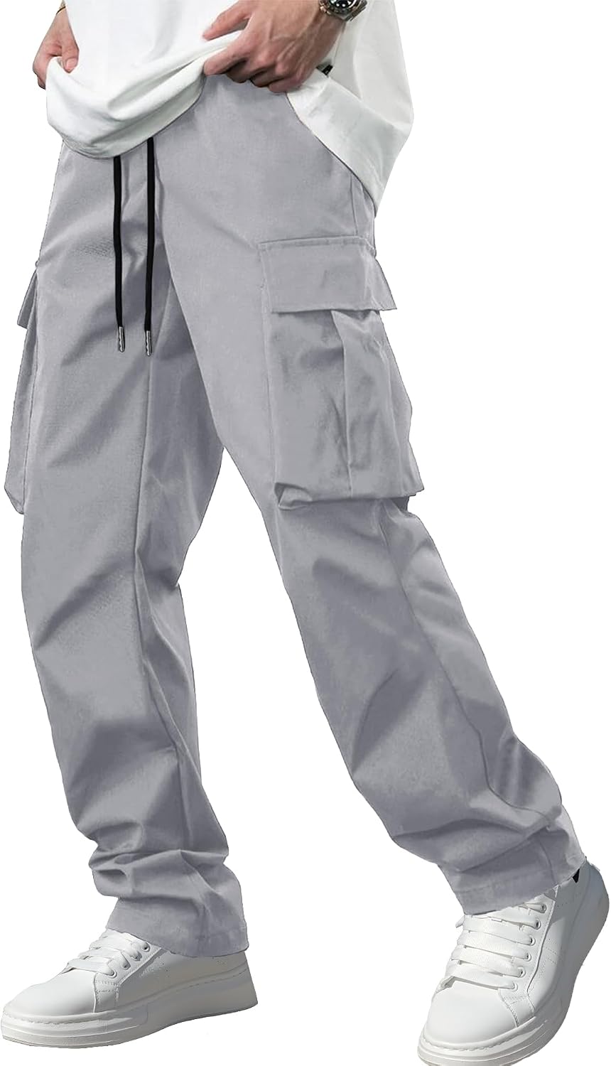 Men's Casual Cargo Pants Workout Joggers Stretch Sweatpants Hiking Drawstring Tactical Pants with Multi Pockets