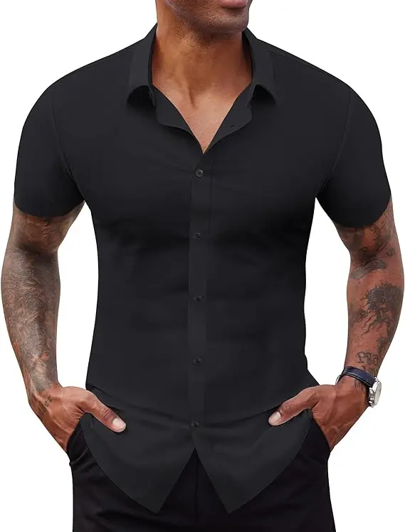 Men's Stretch Dress Shirts Short Sleeve Slim Fit Business Casual Button Down Shirts Muscle Fit Men's Dress Shirts Shortsleeve Menswear gifts for dad Top Plain